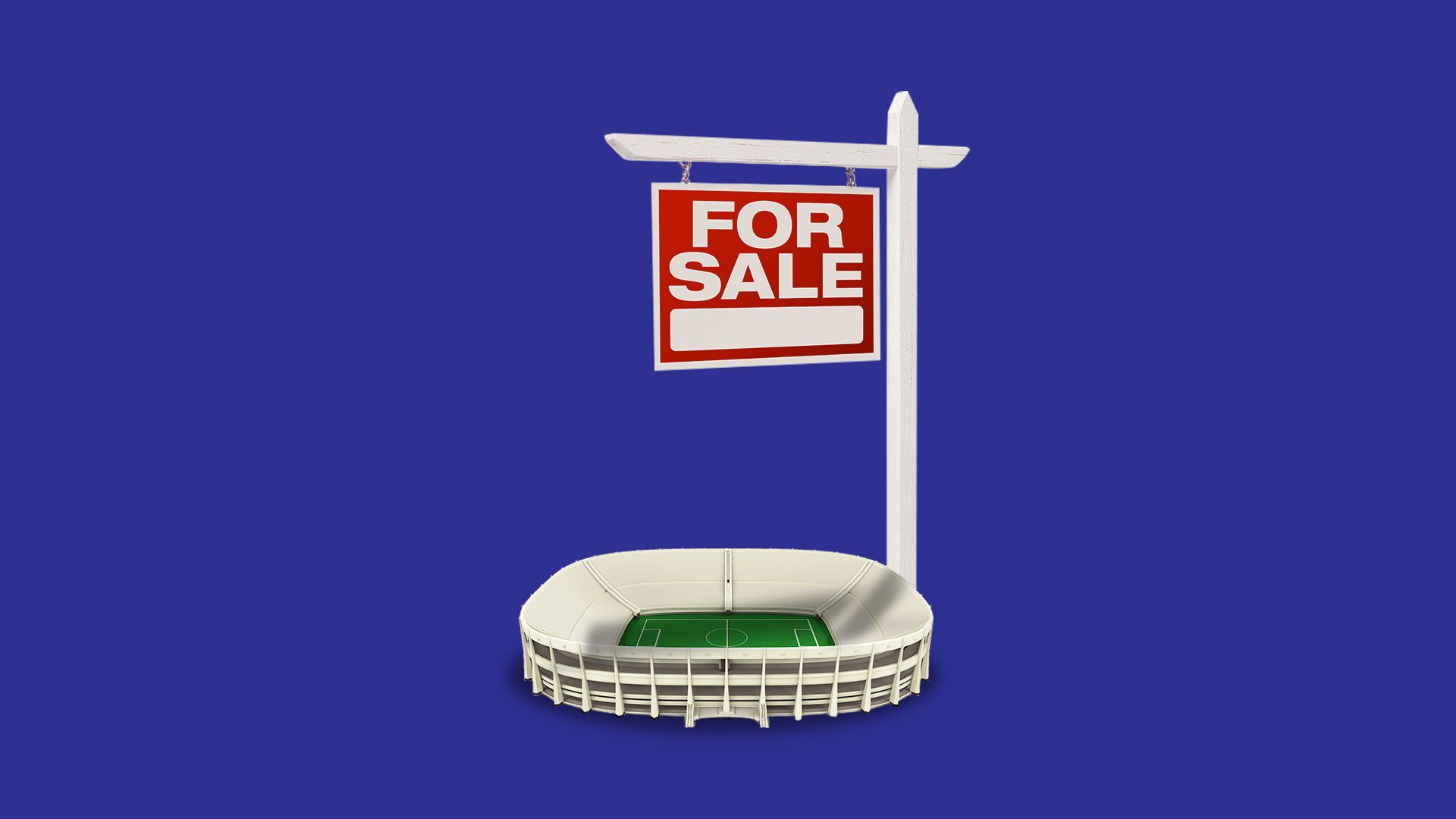 Illustration of a tiny stadium being overshadowed by a large For Sale sign