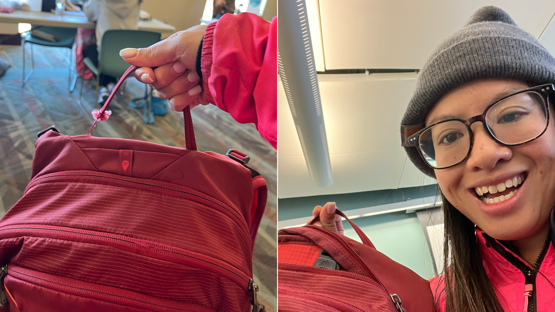 Linh holding a backpack with a ripped strap and then Linh holding a backpack that's fixed and smiling