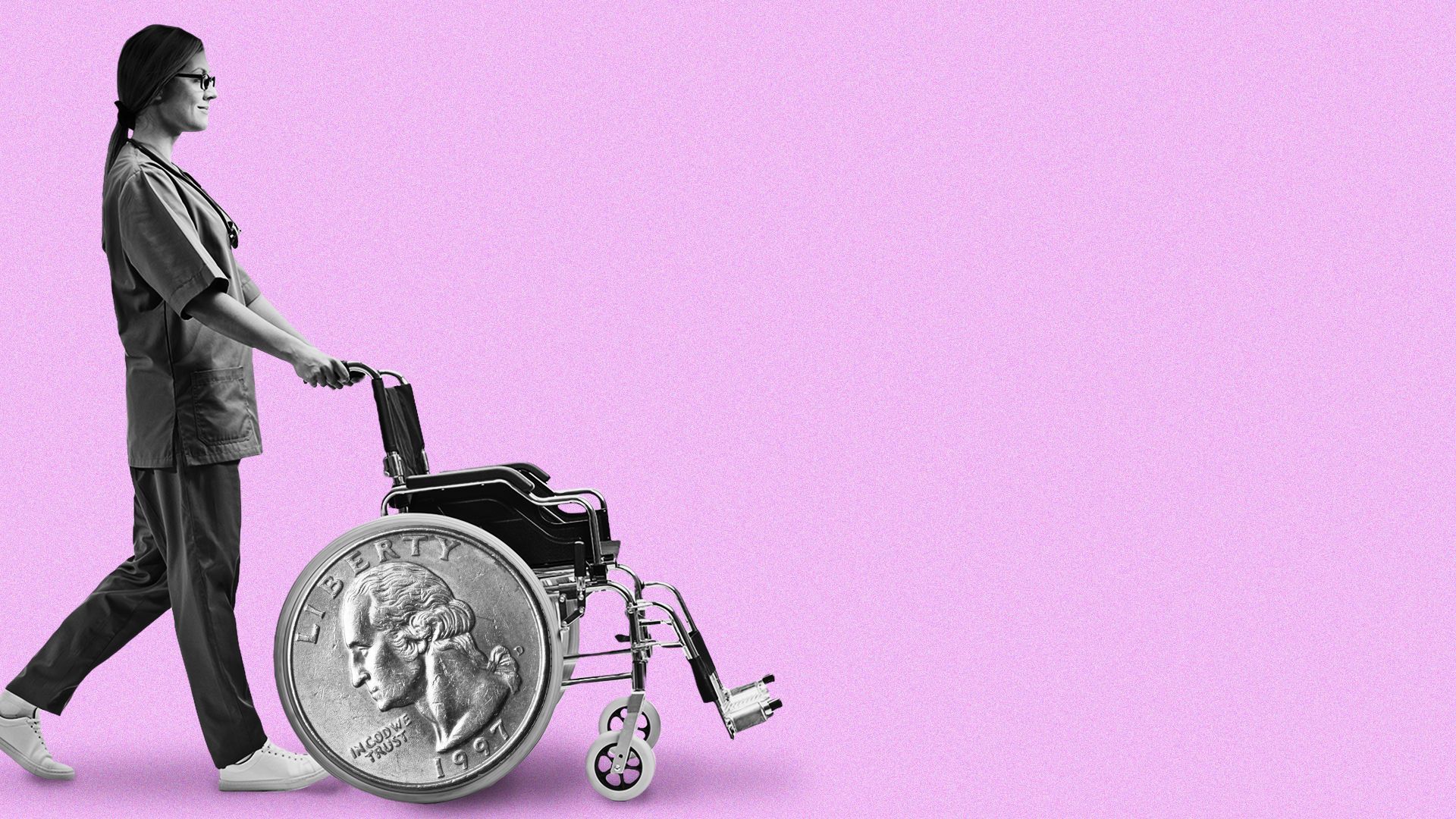 Illustration of a home health aide pushing an empty wheelchair with quarters for wheels. 