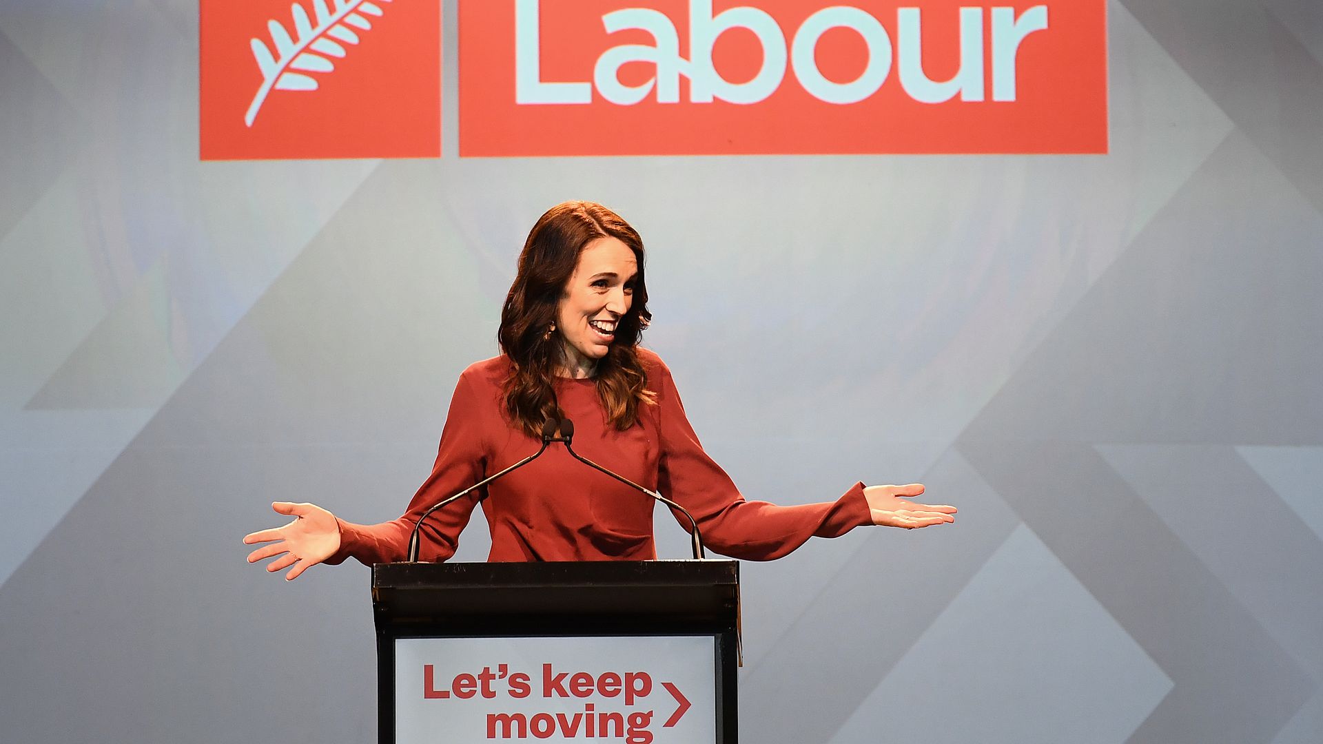  Labour Party leader and New Zealand Prime Minister Jacinda Ardern claims victory during the Labor Party Election Night Function at Auckland Town Hall on October 17, 2020 in Auckland, New Zealand. 