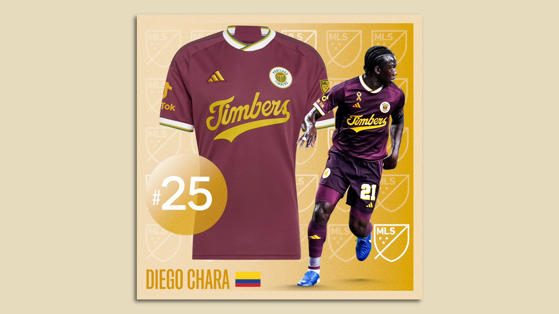 An illustration of a soccer jersey with the words "Timbers" and the #25 on it.