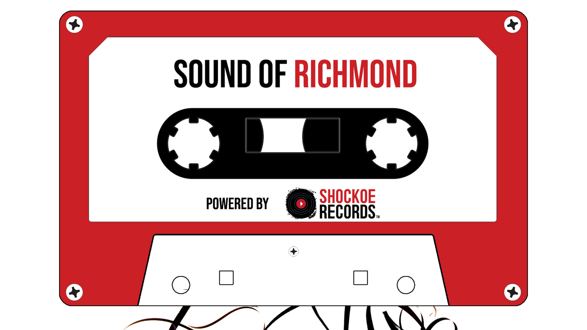 A red-lined cassette tape with white on the inside. It says "SOUND OF RICHMOND" and "powered by Shockoe Records"