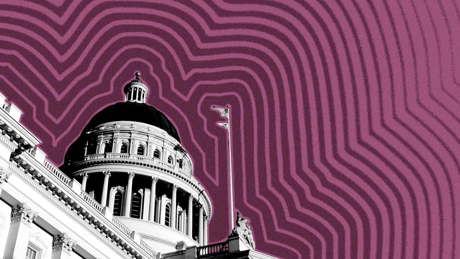 Illustration of the California State Capitol with lines radiating from it. 