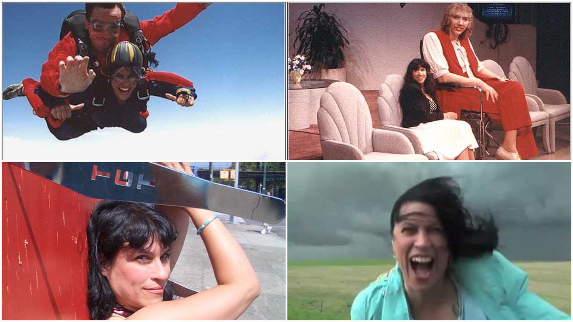 A grid of Fran of photos of Fran Capo skydiving, yelling and posing on television.