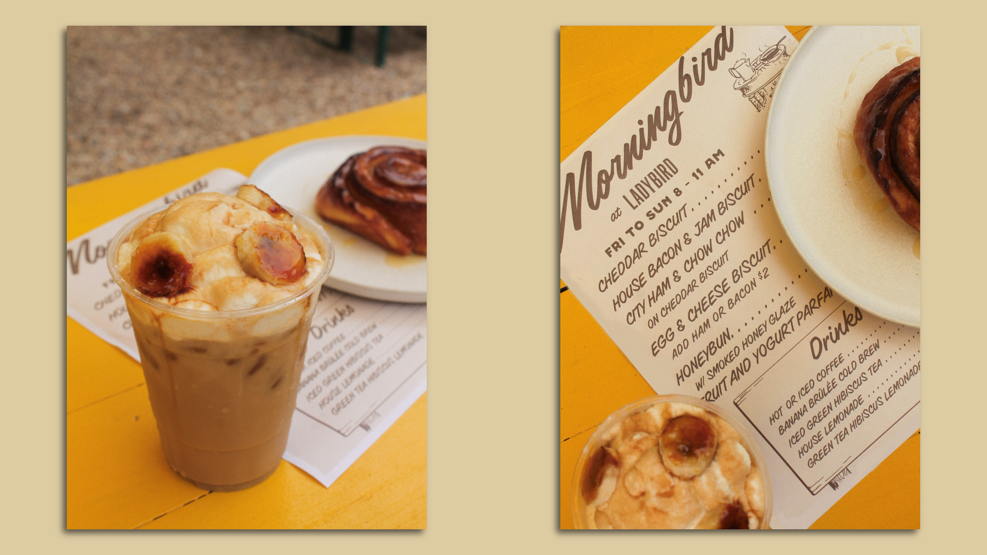 Image of a Banana Brûlée Cold Brew and a Honey Bun with Smoked Honey Glaze.