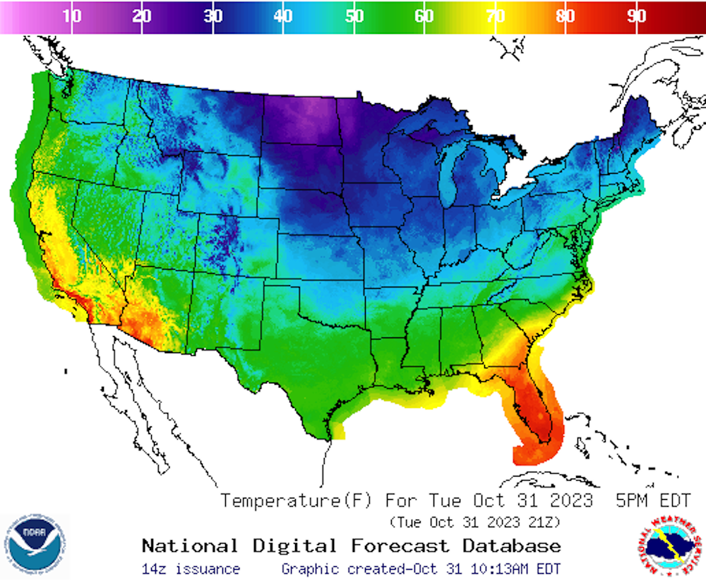 A temperature map of the U.S., as of 5 p.m. on Halloween night.