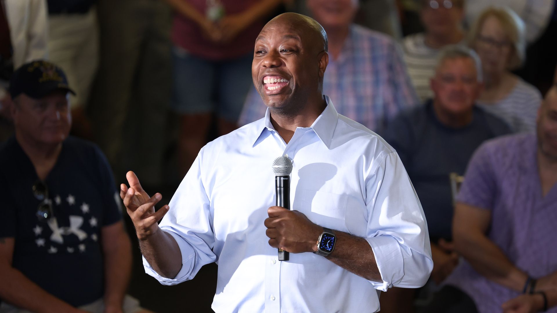 Republican presidential candidate Senator Tim Scott (R-SC) speaks to guests during a town hall meeting on July 27, 2023 in Ankeny, Iowa.