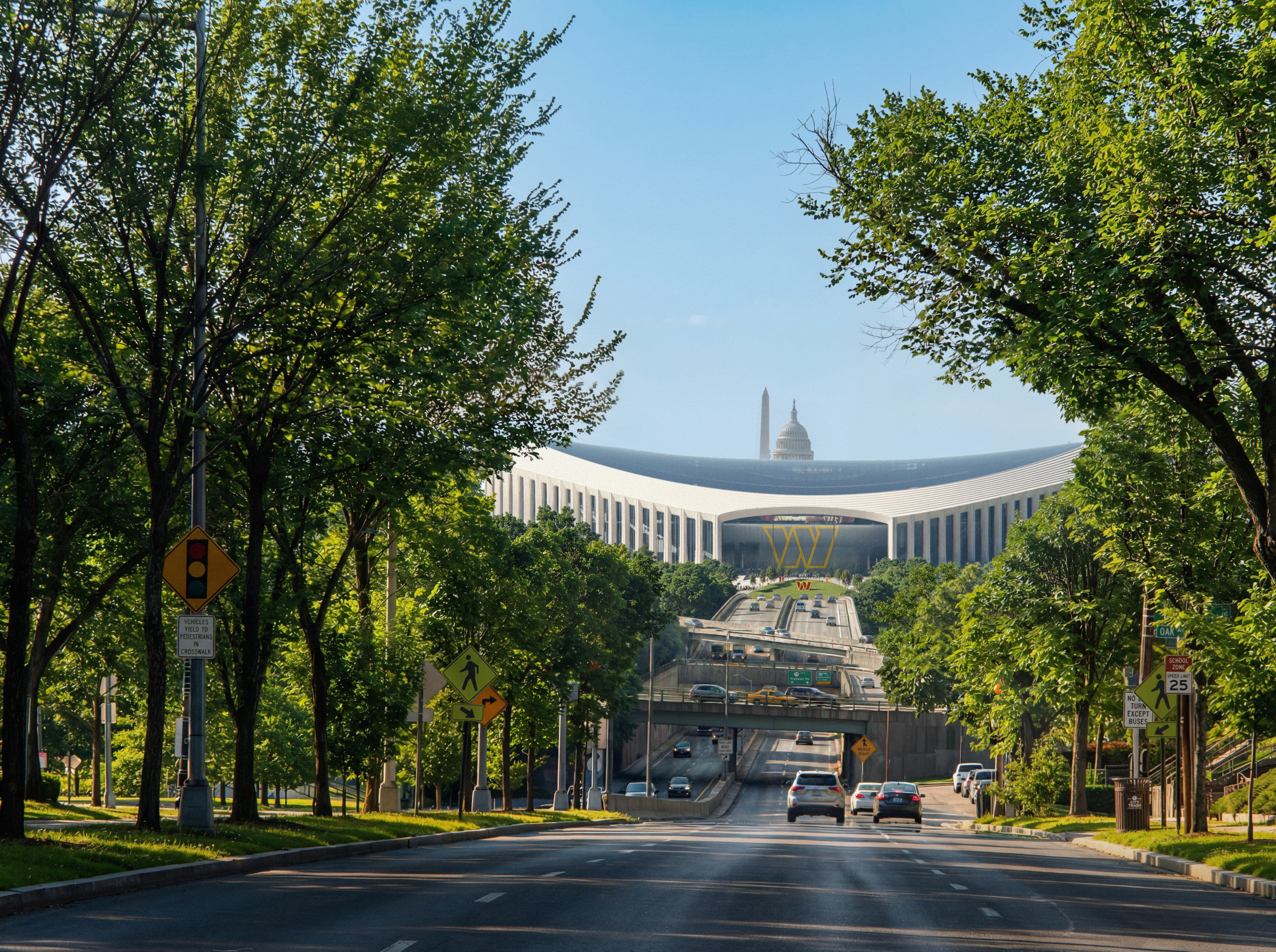 Tree-lined avenue with cars approaching a futuristic white curved stadium featuring a large central arch; in the distance the Washington Monument and Capitol dome rise above the skyline.