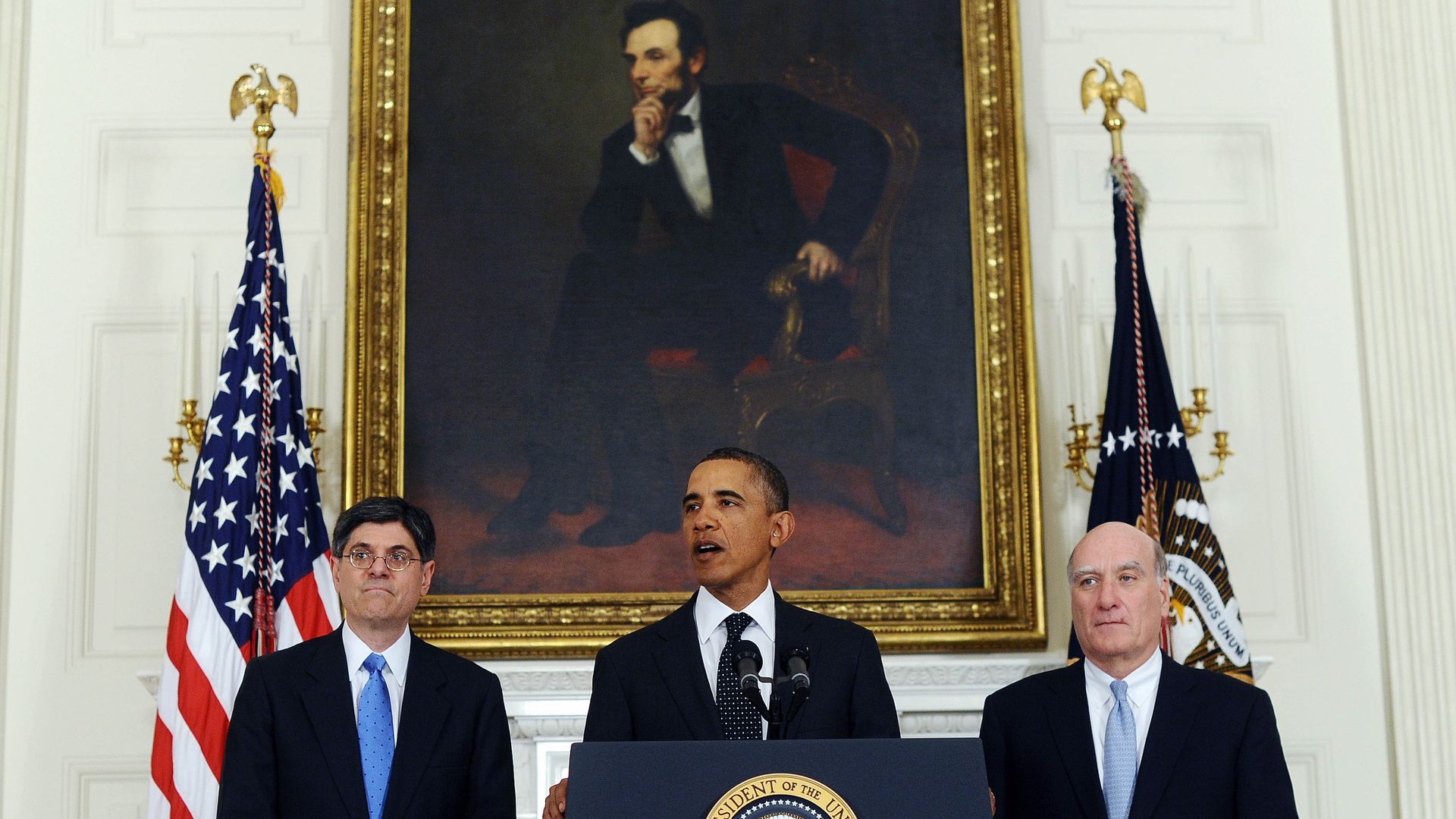 Jack Lew and Bill Daley are seen flanking President Obama as he announces a change in his chief of staff.