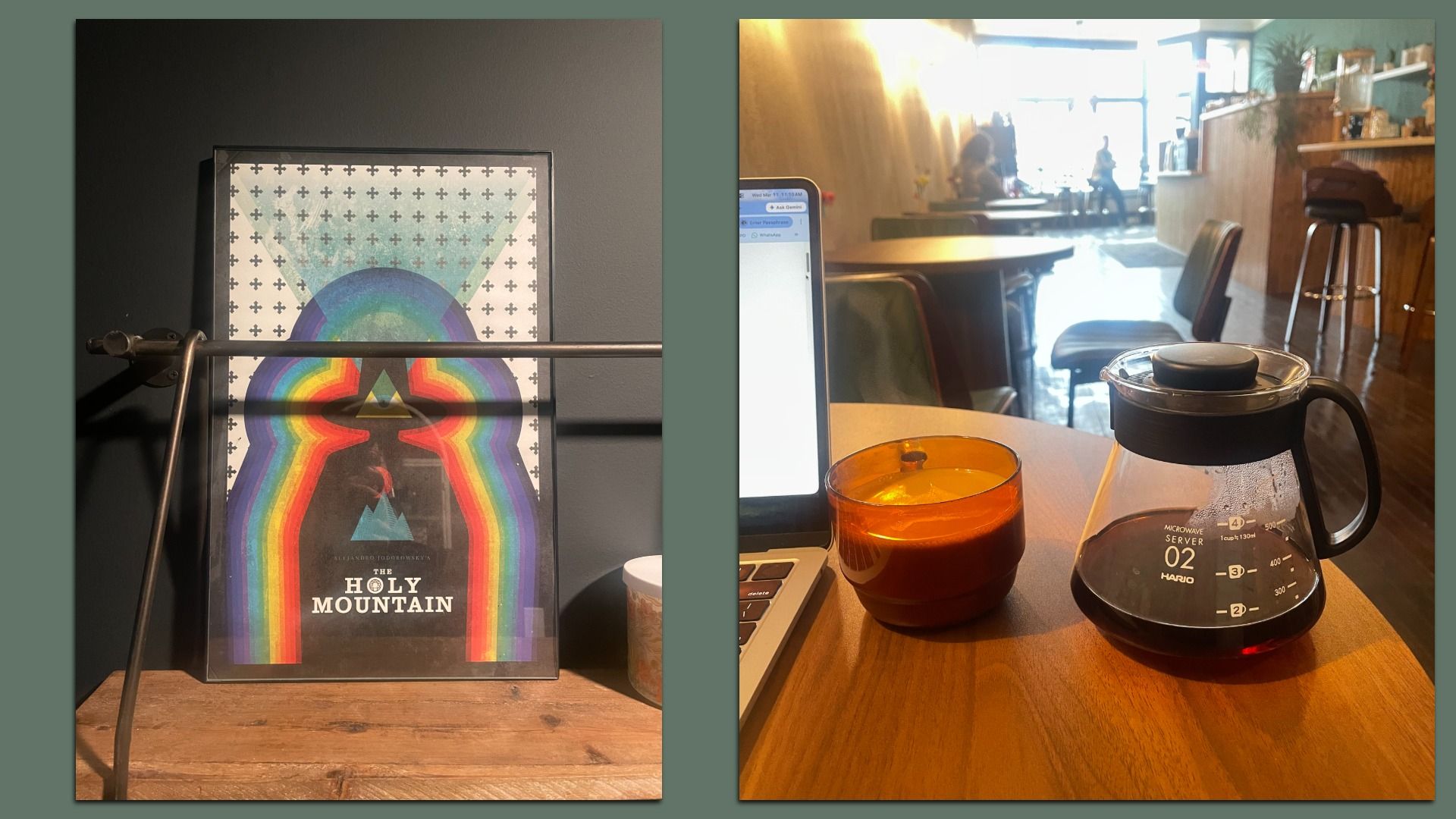 Two-panel image: left shows a rainbow-lined poster reading "The Holy Mountain" on a dark wall with a metal bar across; right shows a cafe with a coffee pot, orange mug, and a laptop on a wooden table.