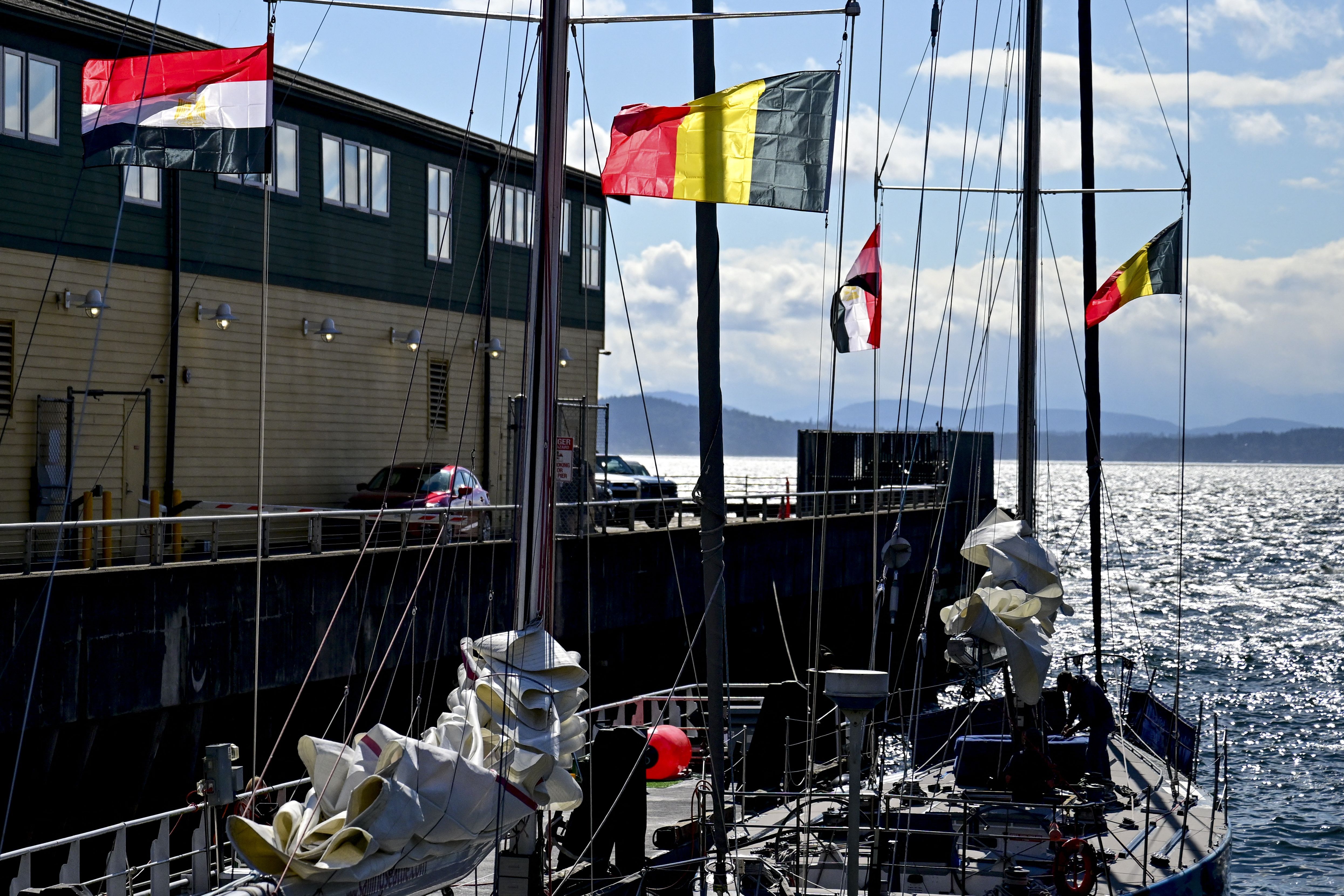 Flags from the countries playing in Seattle festoon the waterfront. 