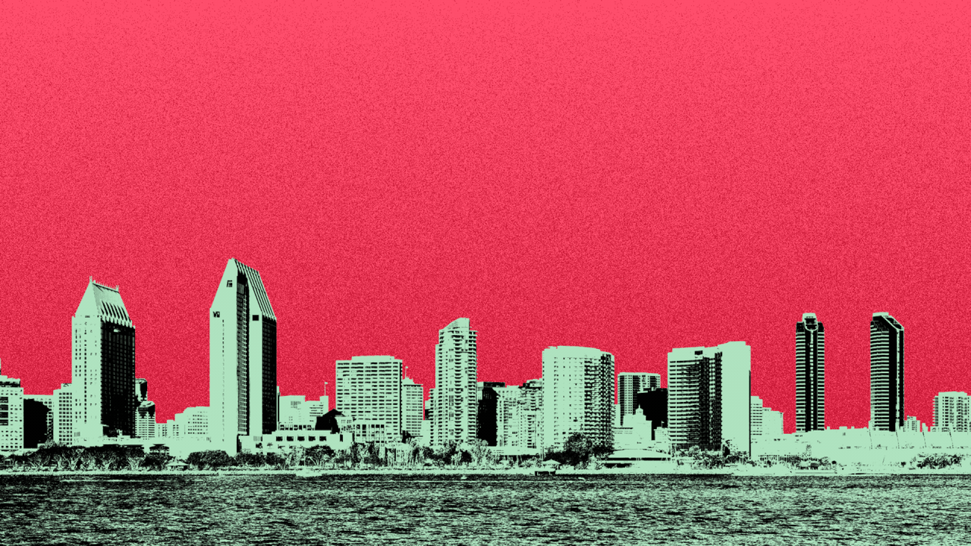 Illustration of the San Diego skyline, with word balloons with exclamation points in them popping up above it from left to right.