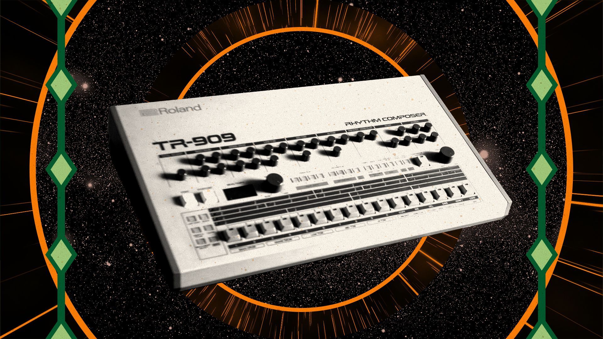Photo illustration of a Roland TR-909 drum machine over concentric circles filled with images of space and speed lines, framed by two stripes with diamond shapes on them.