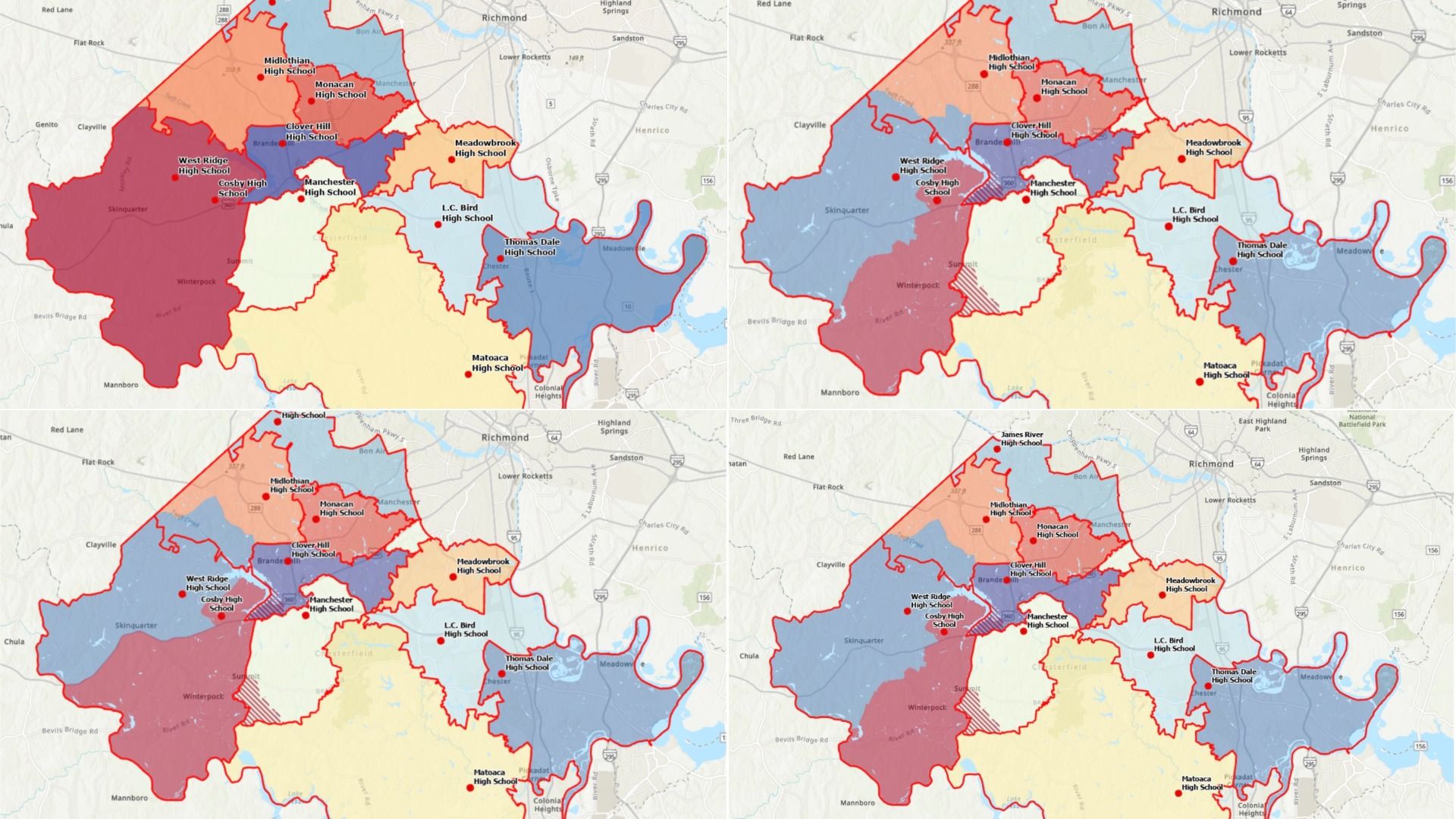 Quad-panel map of Richmond-area school districts with red, blue, and yellow regions; labeled high schools such as Midlothian, Monacan, Clover Hill, Manchester, Thomas Dale, L.C. Bird, Matoaca, Meadowbrook.