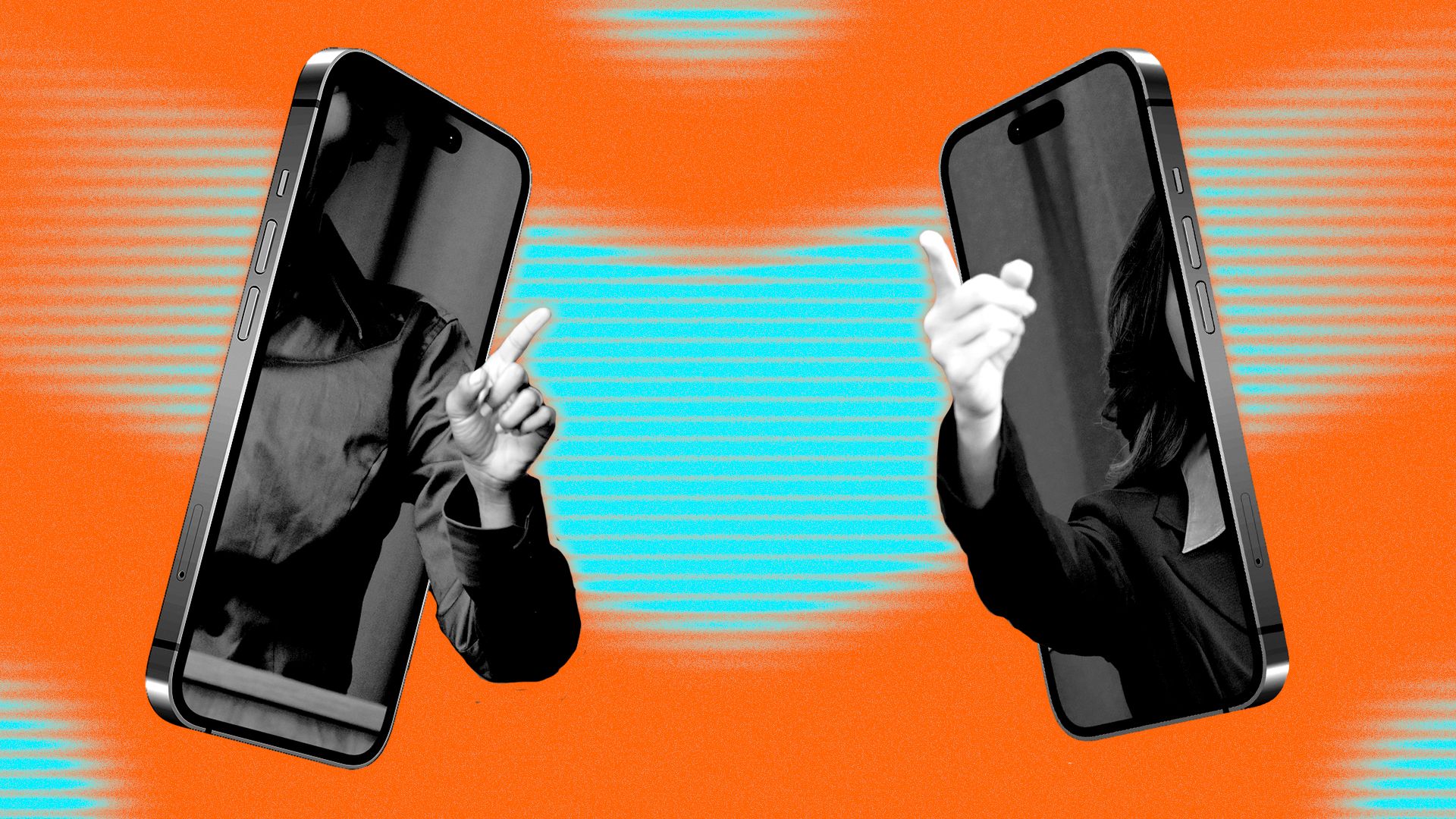 Illustration of two smartphones facing each other, with images of political candidates gesturing  on them. Each candidate's arm is pointing, and coming through the phone screen.