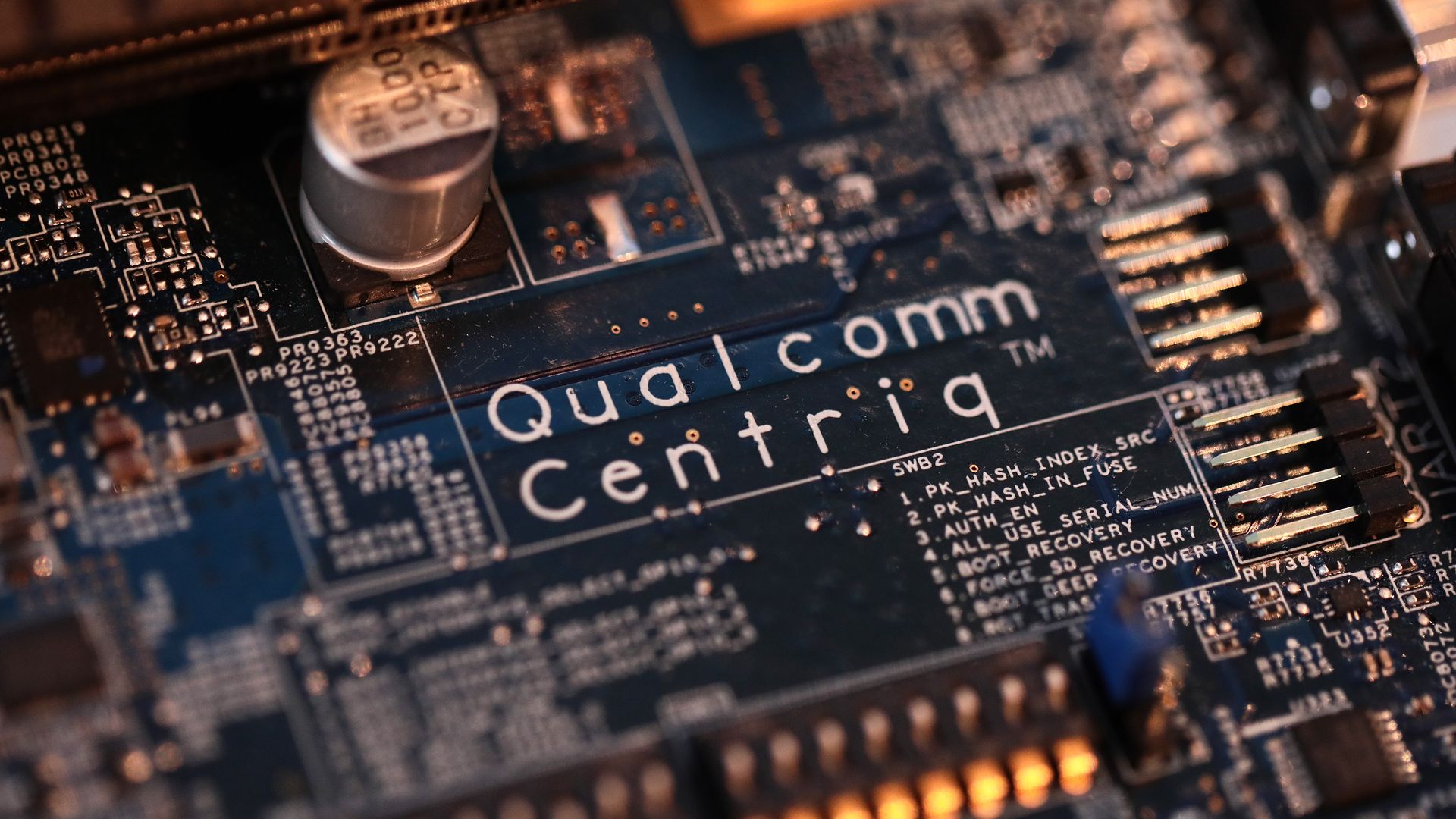 A close-up shot of a Qualcomm chip.