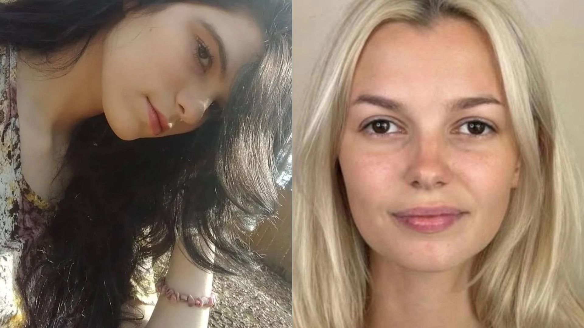 Side-by-side images of two young women, one with long dark hair looking downward, the other with blonde hair and a neutral expression facing forward.