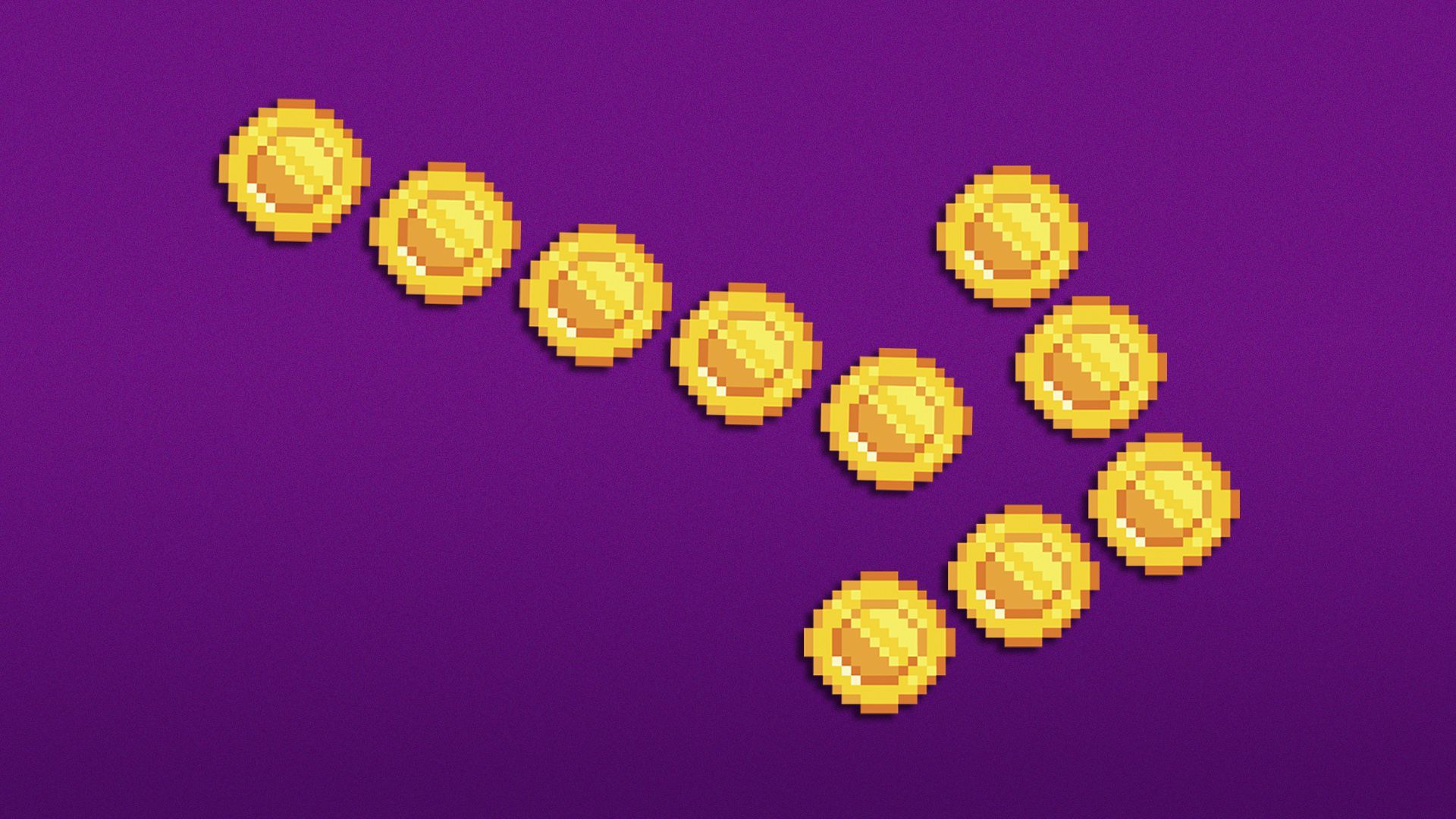 Illustration of pixelated coins in the shape of an arrow pointing down.