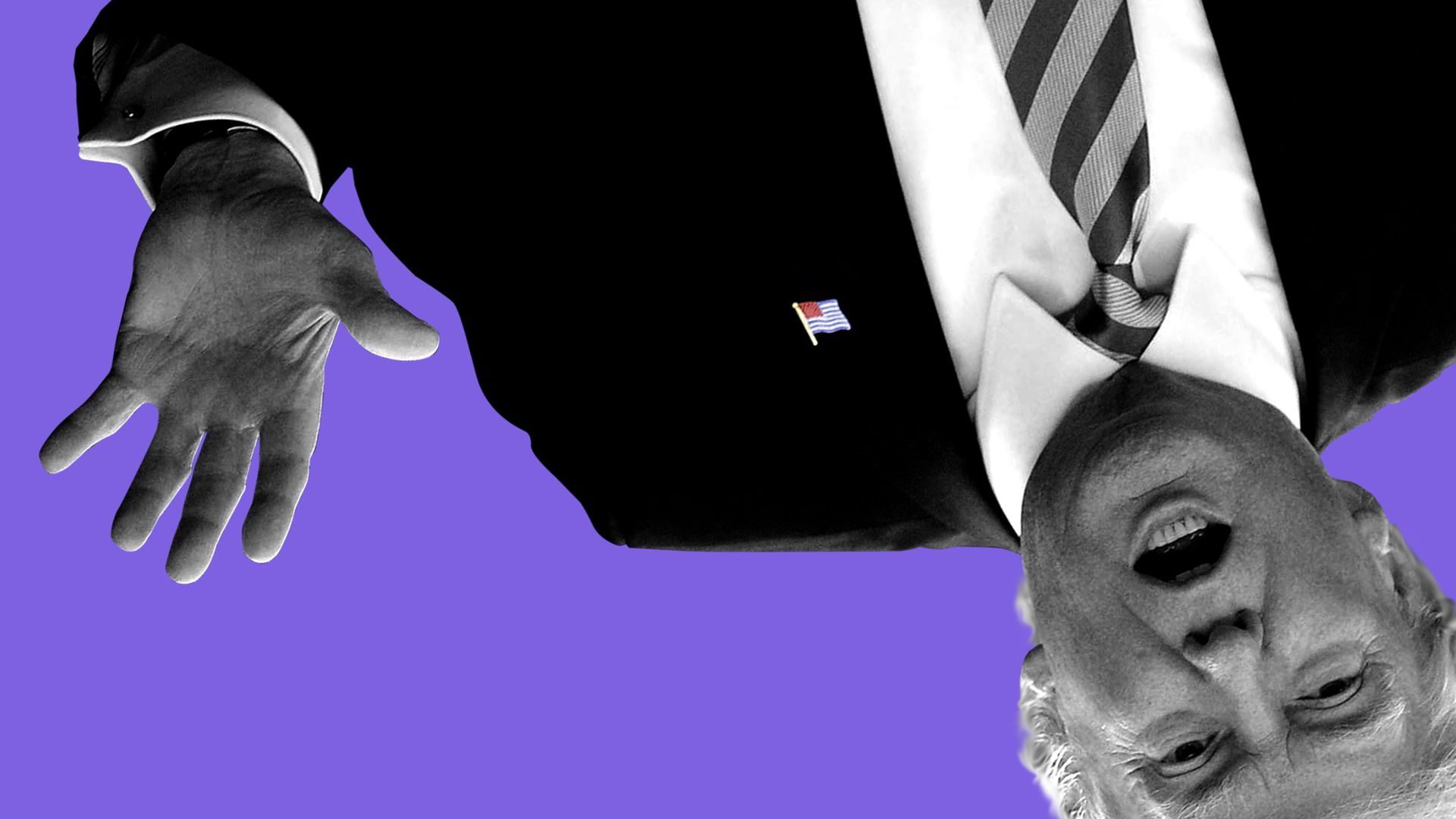 An illustration of President Trump in black and white, upside down on a purple background.