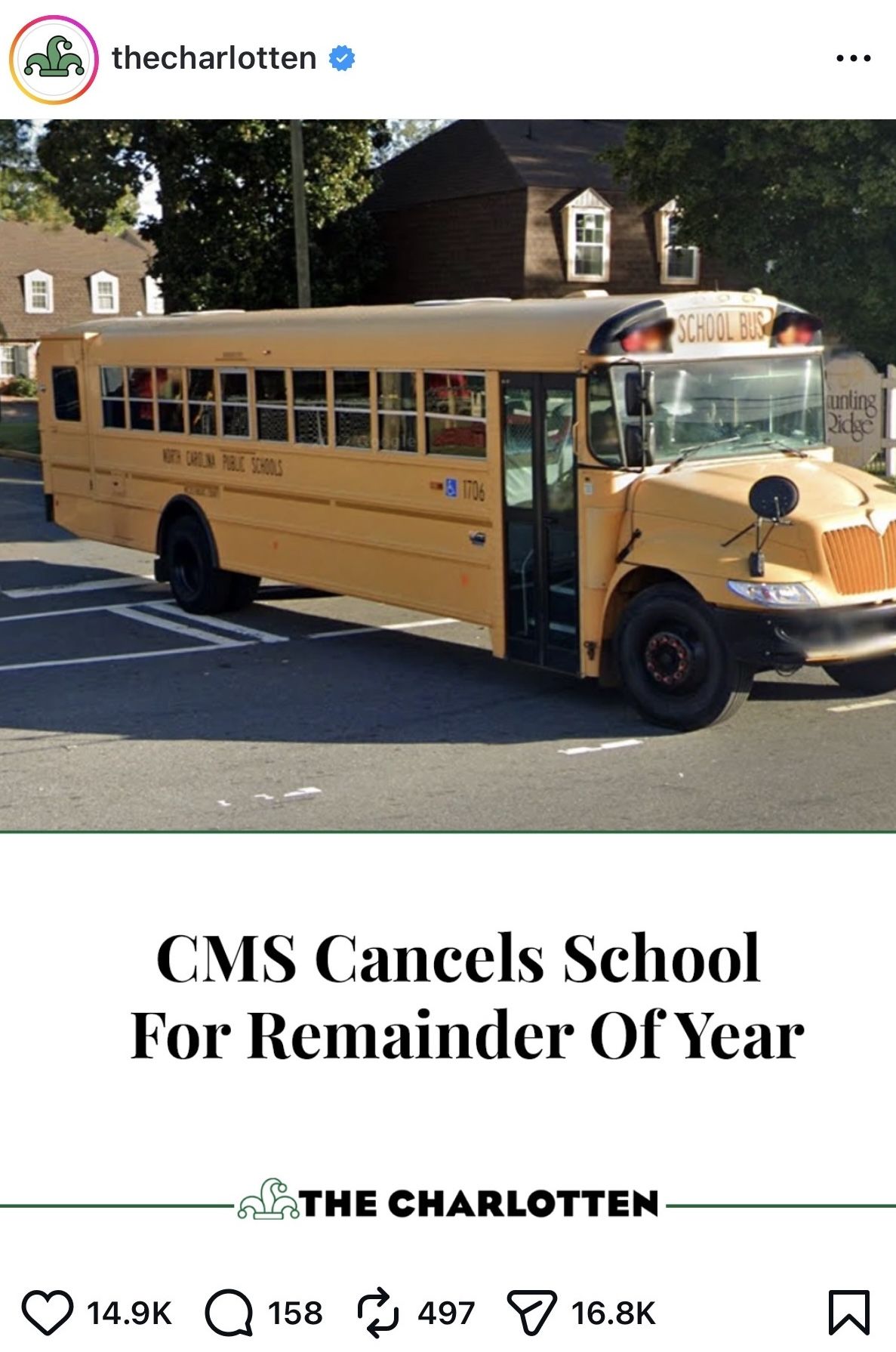 Photo of a school bus with headline text that reads: "CMS cancels school for remainder of year."