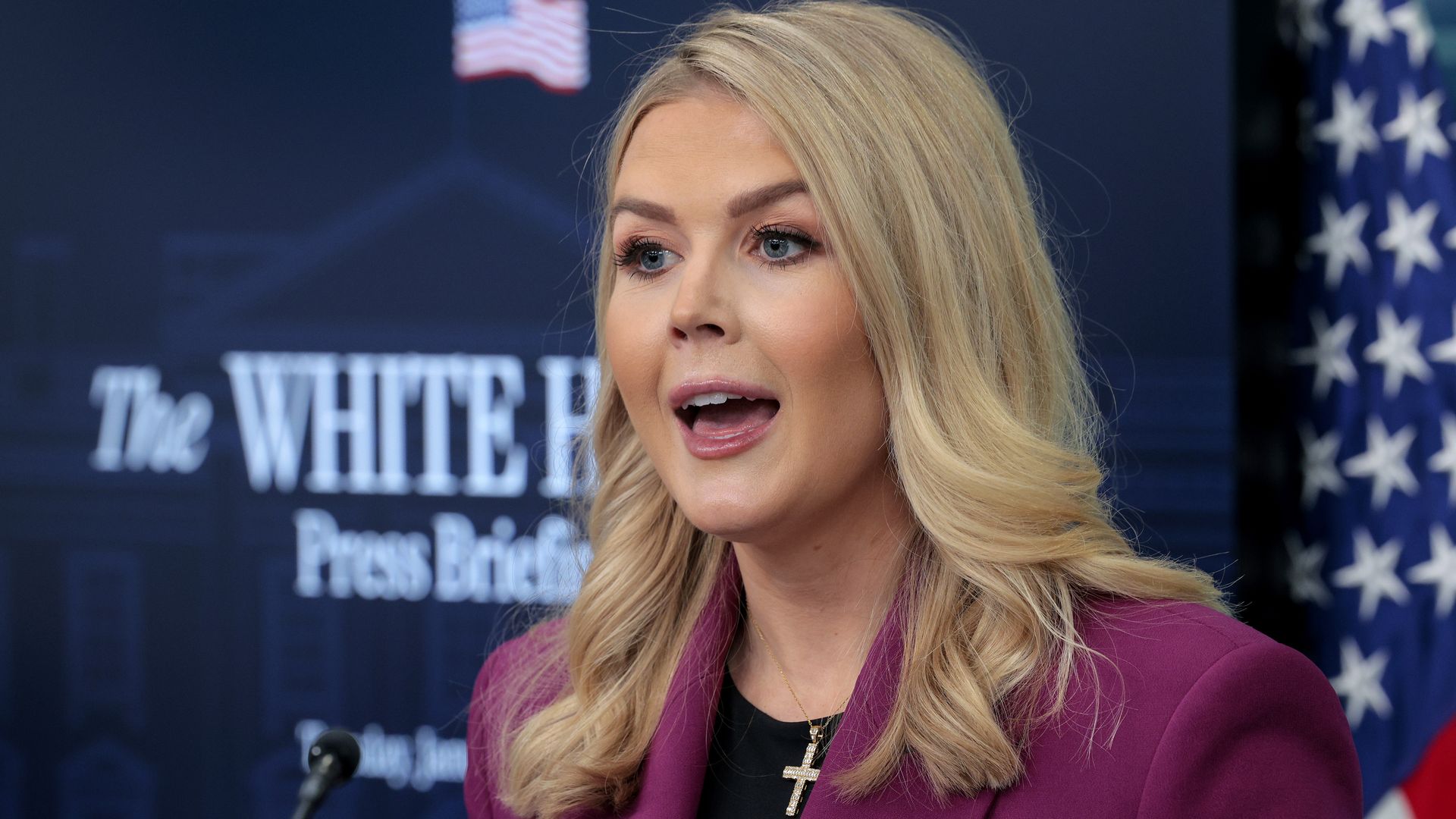 hite House Press Secretary Karoline Leavitt holds her first news conference in the Brady Press Briefing Room at the White House on January 28, 2025 in Washington, DC. At 27-years-old, Leavitt is the youngest White House press secretary in U.S. history. (Photo by Chip Somodevilla/Getty Images)