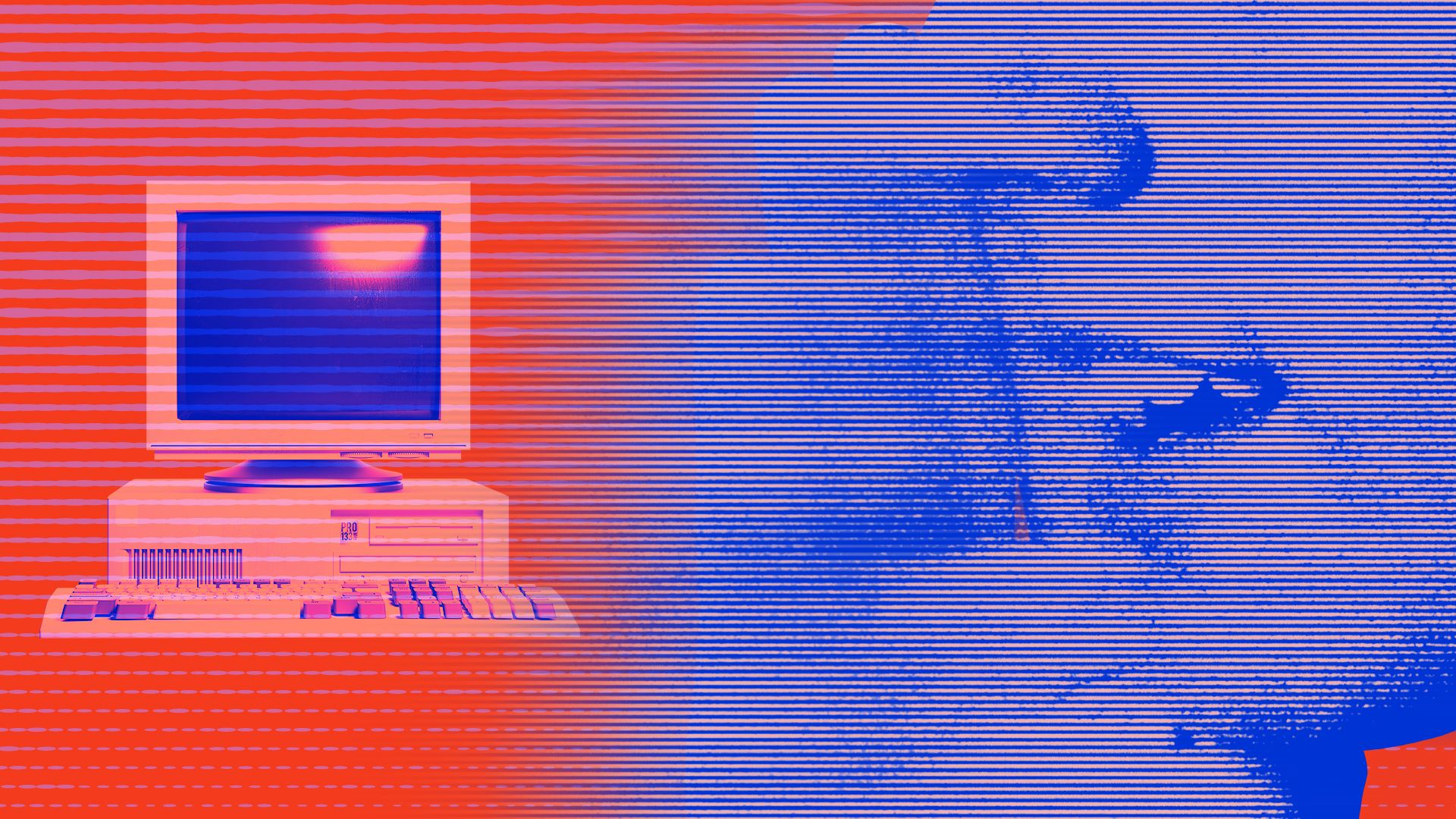 Illustration of a person whispering into a small computer with a glitchy effect