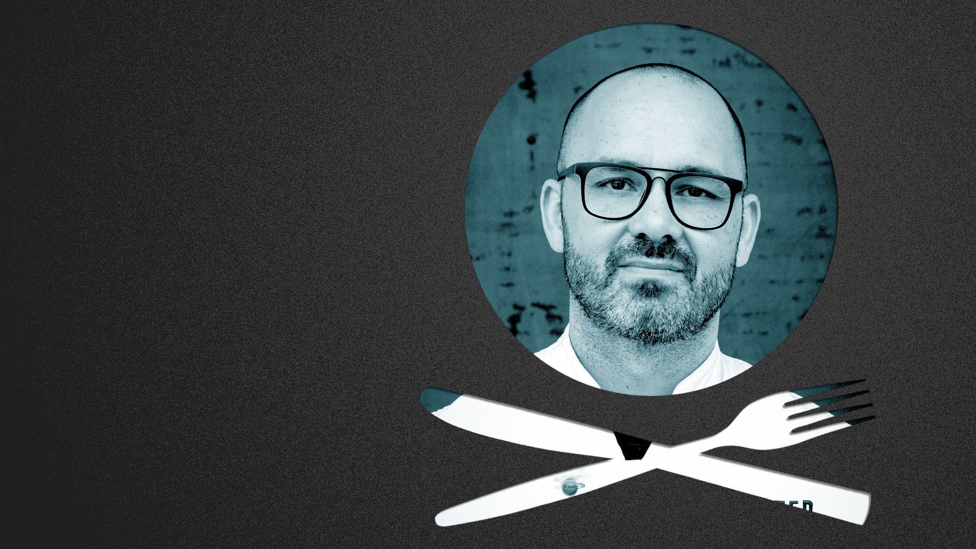 Photo illustration of a plate, knife, and fork in the form of a skull and crossbones with Ferrell Alvarez inside the shapes. 