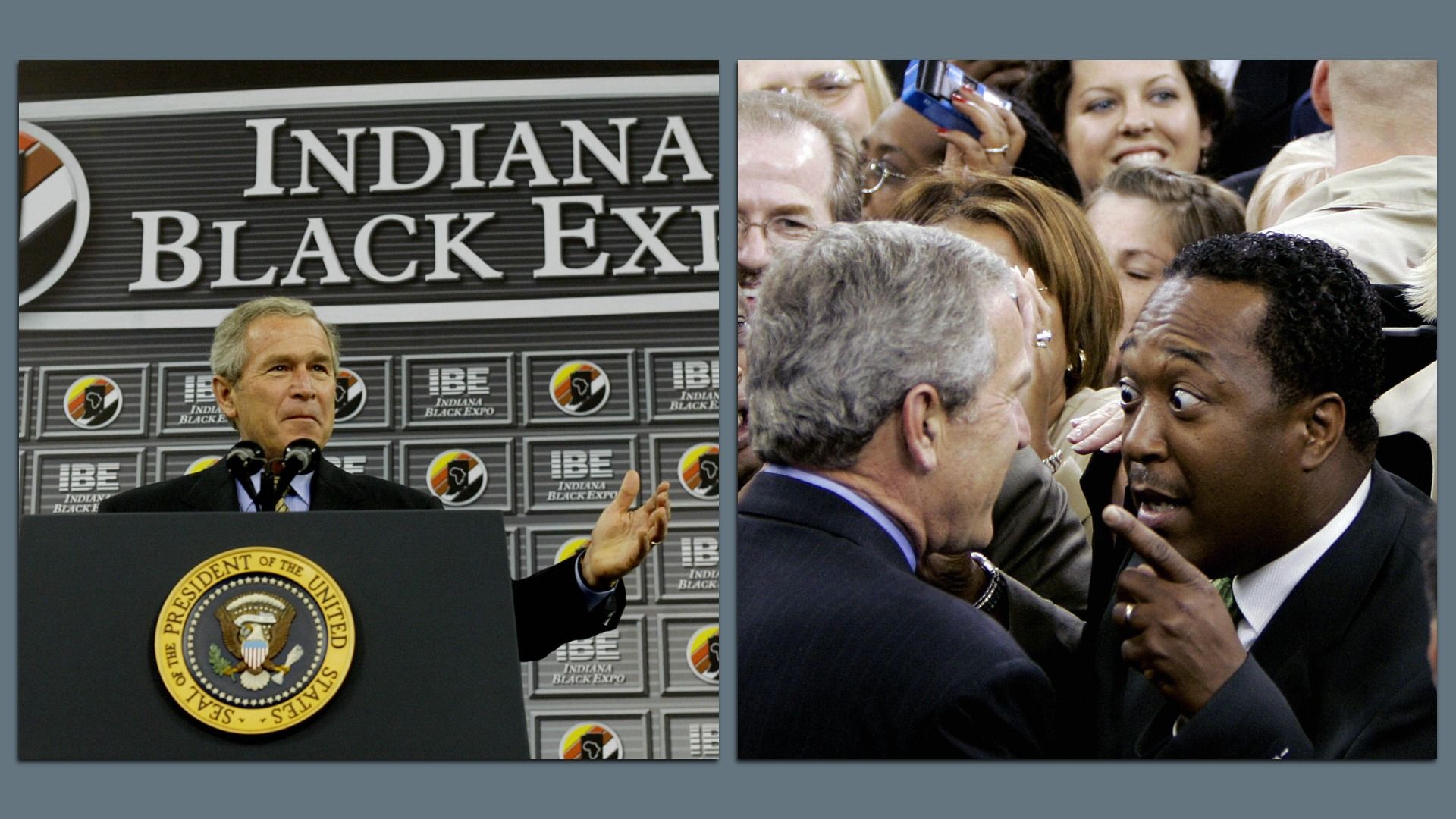 US President George W. Bush gestures as he is welcomed to the Indiana Black Expo in Indianapolis, Indiana 14 July, 2005.