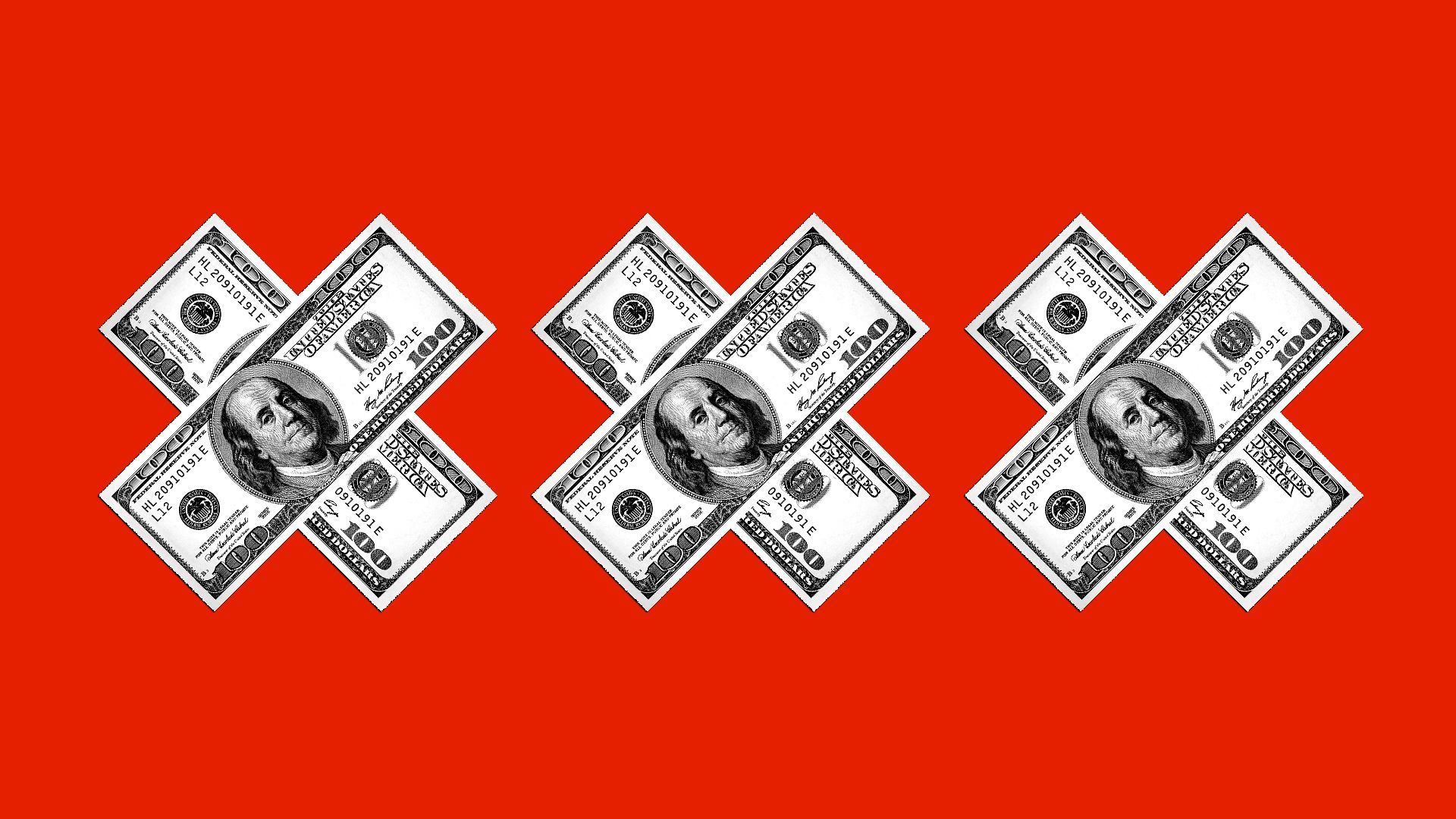 Illustration of "XXX" symbols made from crossed hundred dollar bills. 