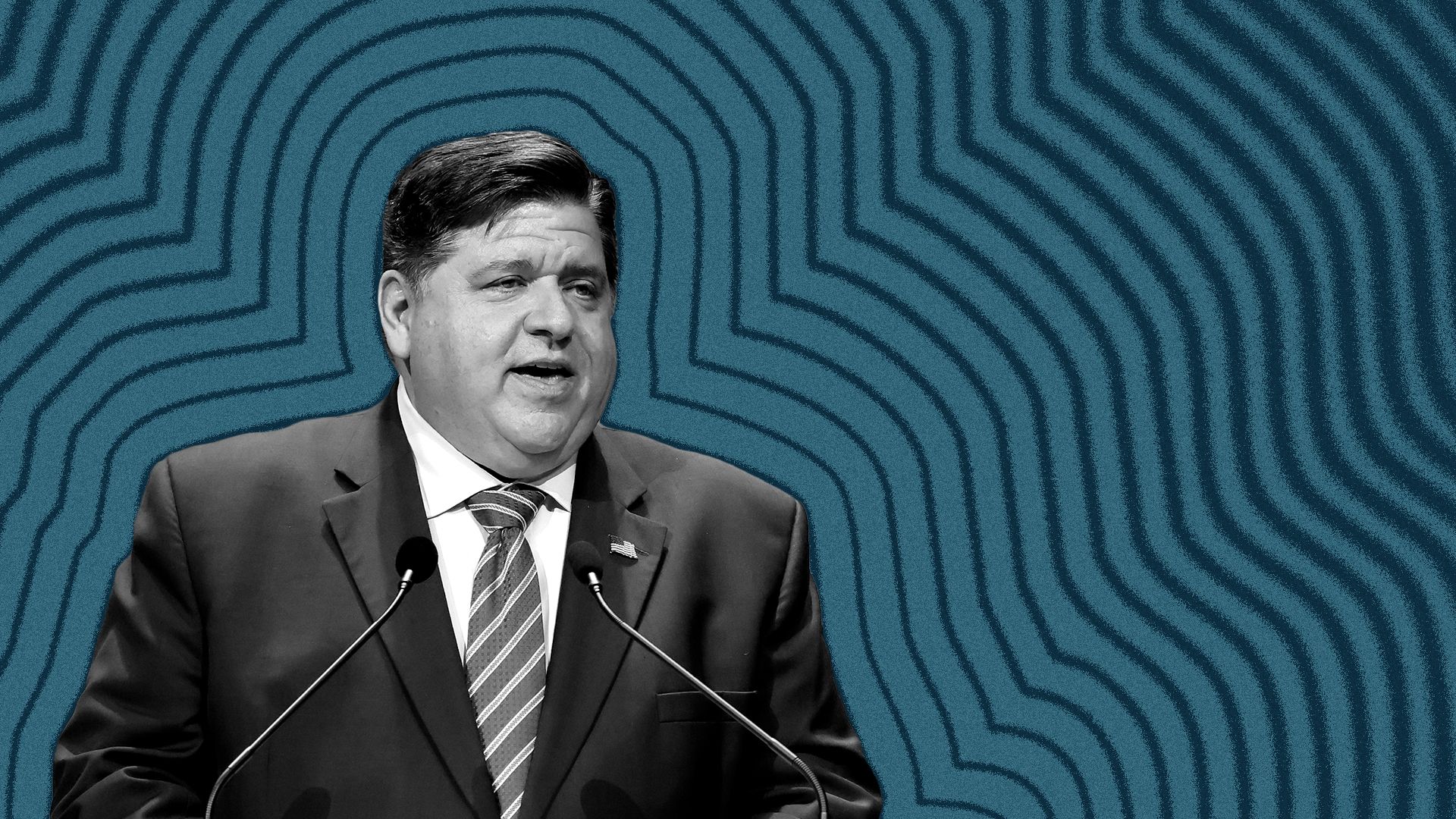Photo illustration of  J. B. Pritzker with lines radiating from him.