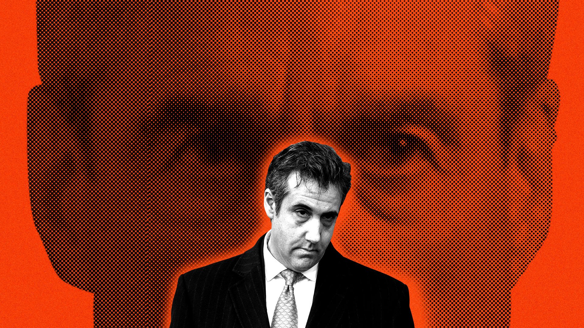 Michael Cohen being loomed over by Robert Mueller