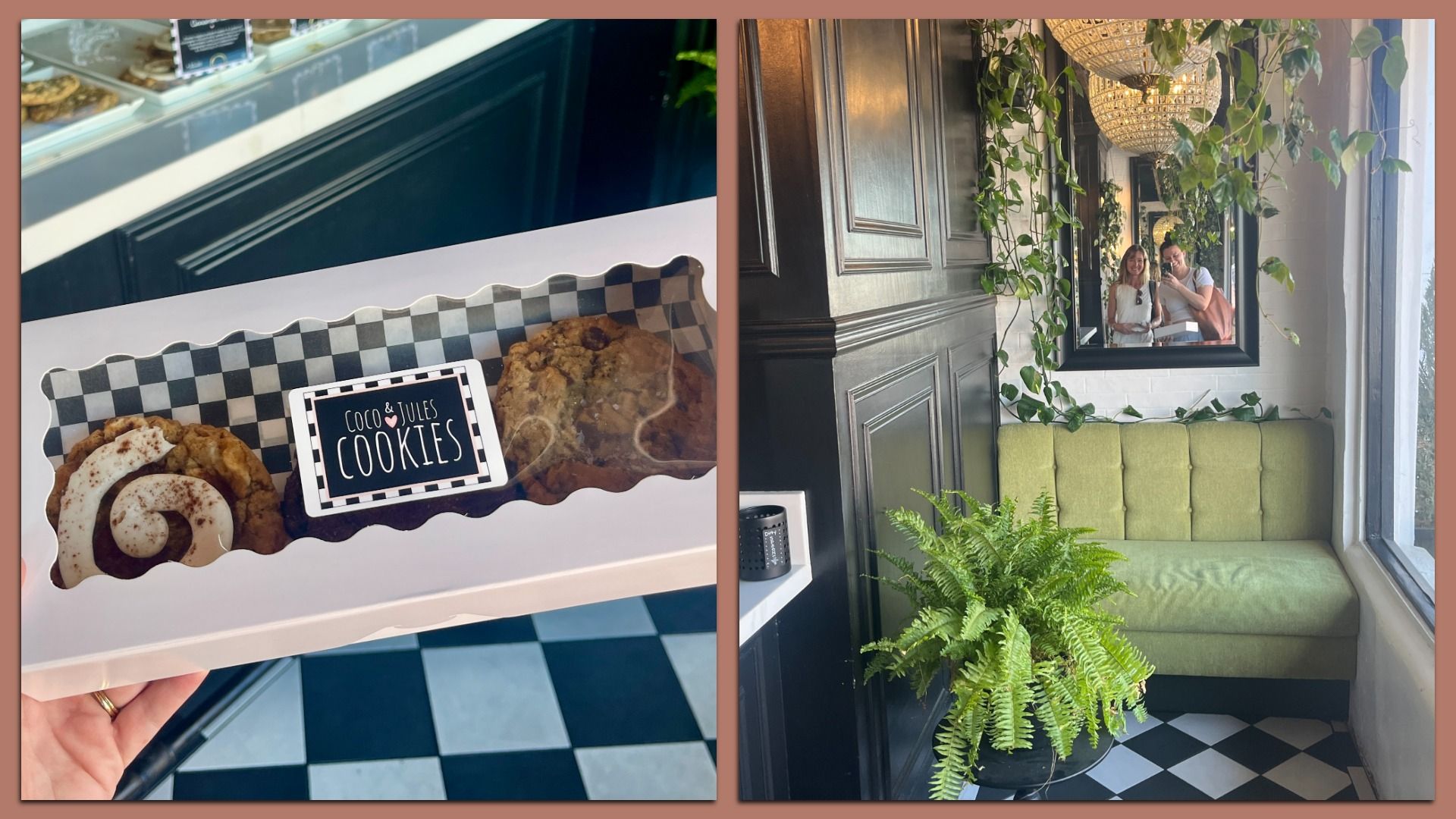 Two-panel image: left shows a cookie box with black-and-white checkered liner and the Coco & Jules COOKIES label; right shows a cafe nook with a green tufted bench, hanging plants, a chandelier, and two people reflected in a mirror.