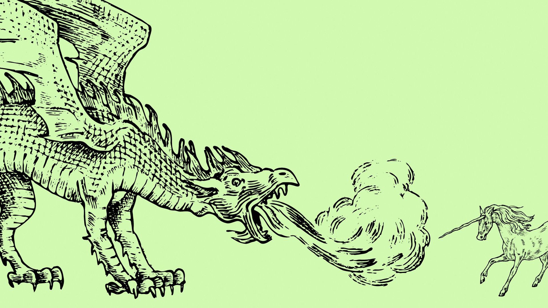 Illustration of a dragon burning a tiny unicorn.