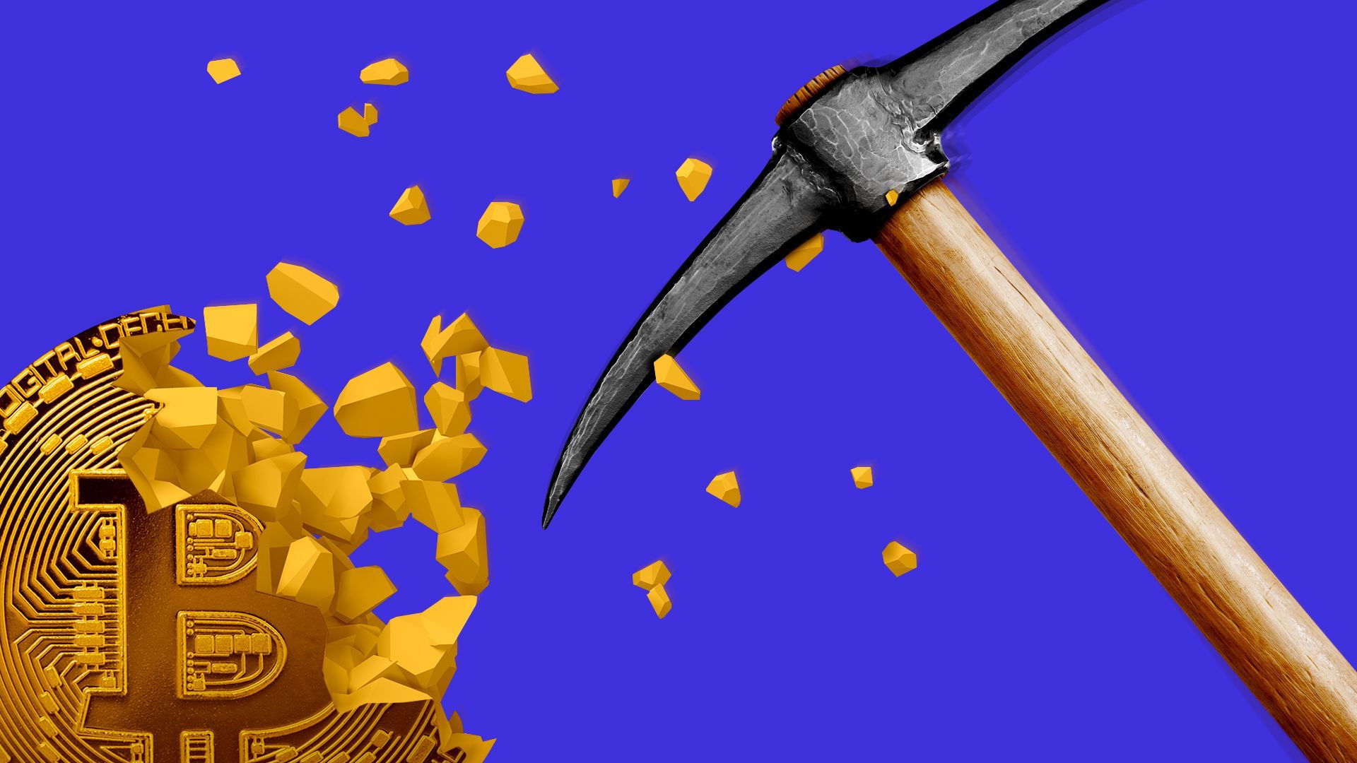 Illustration of a pick axe hitting a Bitcoin with pieces flying everywhere. 