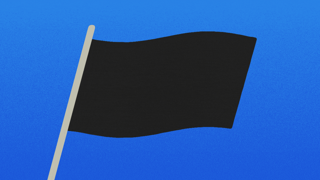 Animated illustration of a pit stop flag with the words PIT STOP moving on to it, before they move off and the flag becomes a checkered flag.