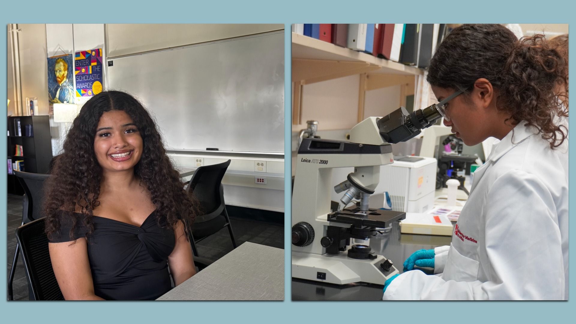 Two-panel image: left shows a smiling young woman with curly hair in a black dress seated at a desk in a classroom by a whiteboard; right shows a lab scientist in a white coat looking into a microscope.