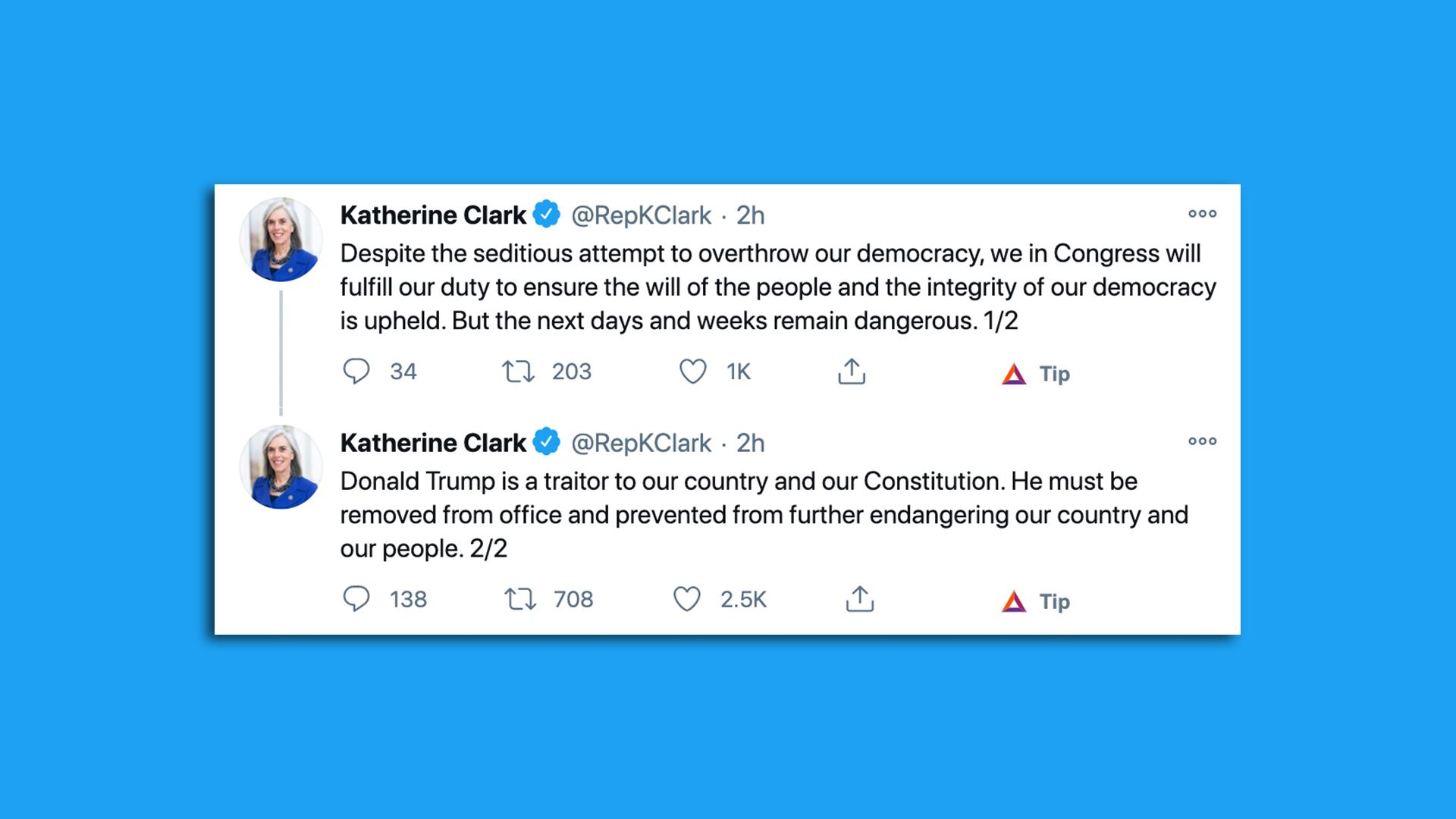 A photo array shows two tweets by Rep. Katherine Clark protesting President Trump.