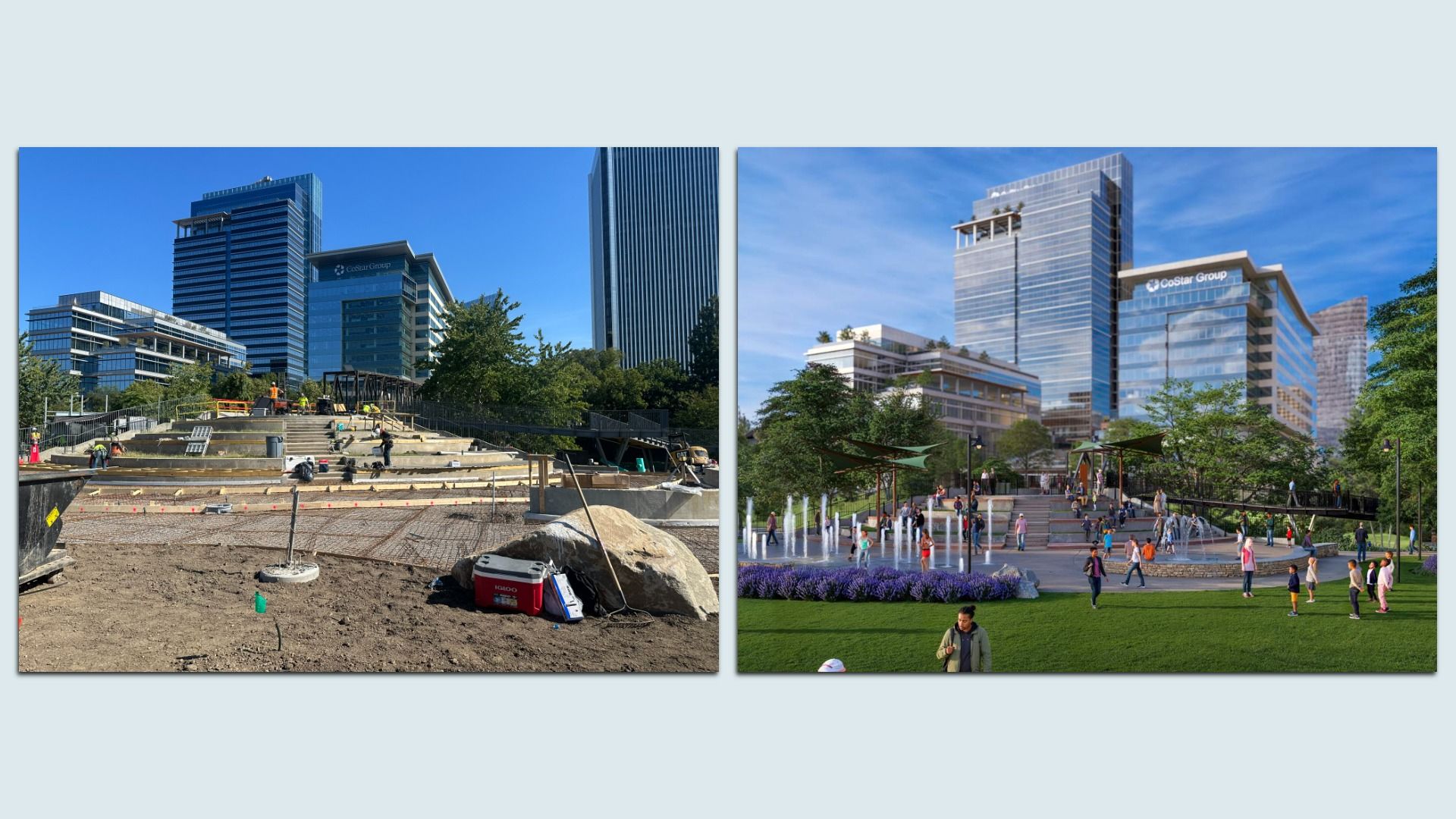 Two urban scenes: left shows a construction site with dirt, equipment, and blue glass high-rises; right shows a finished plaza with fountains, green trees, and people near a glass CoStar Group building.