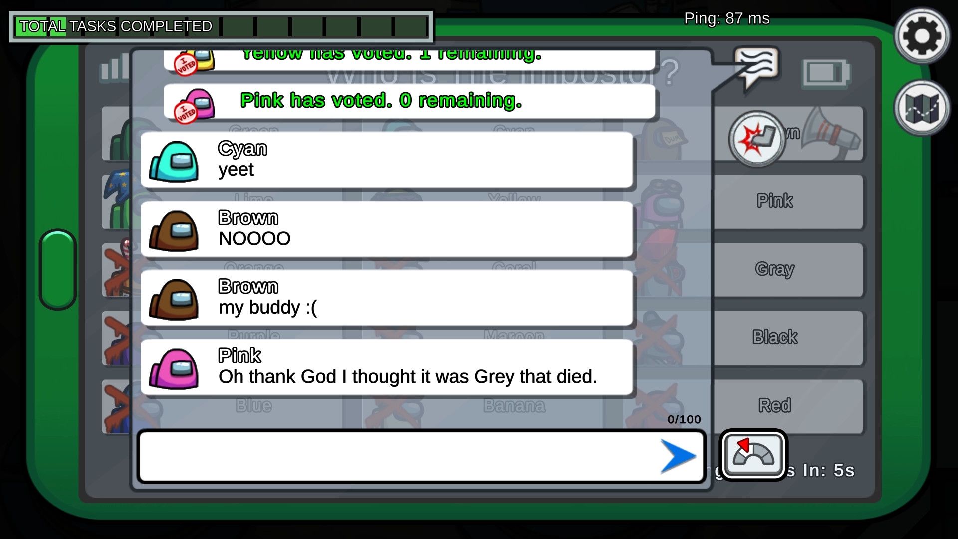 Screenshot of chatroom where players are chatting about voting someone out of the game