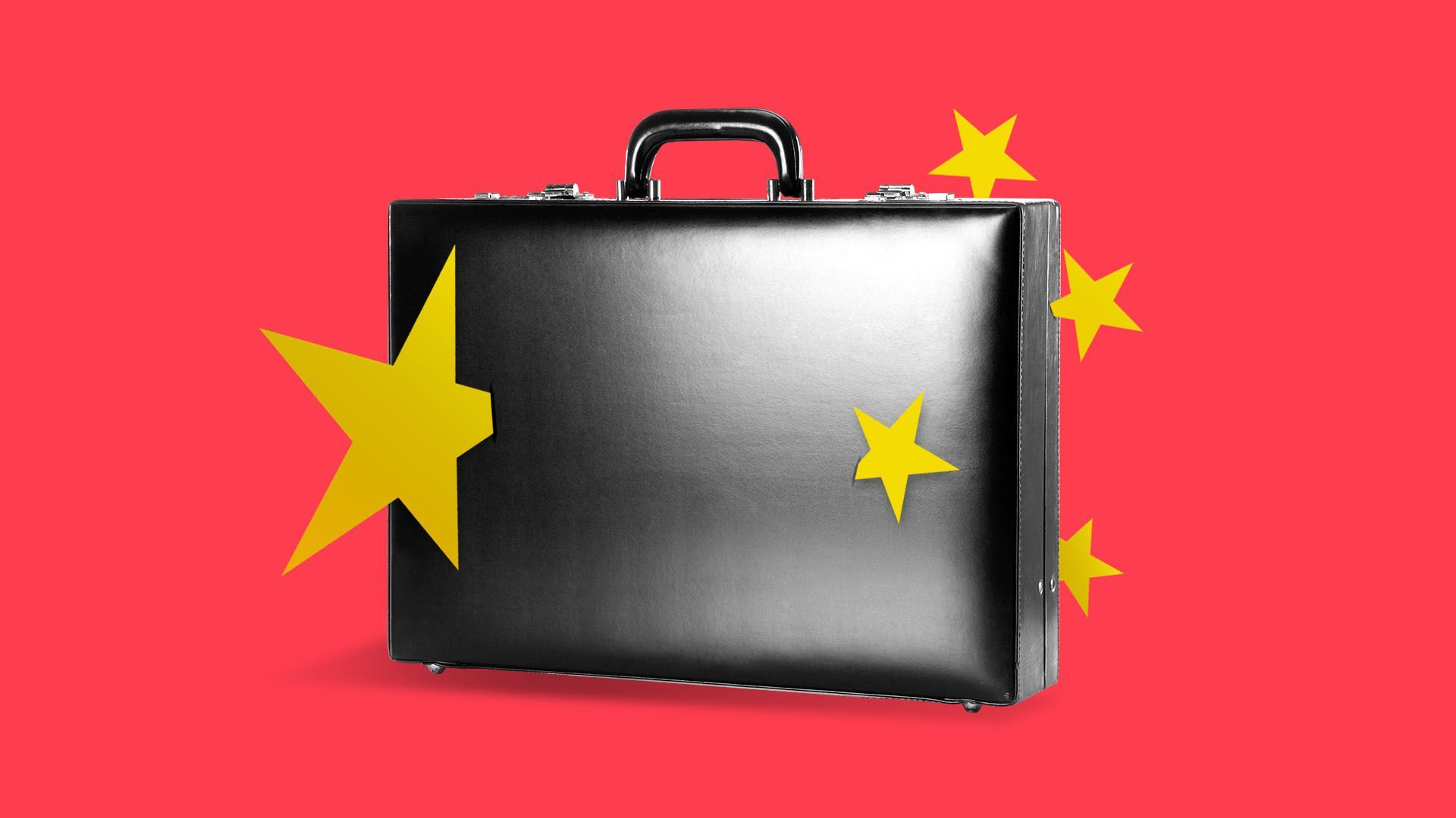 Illustration of briefcase stuck with throwing "Chinese" stars and a red background