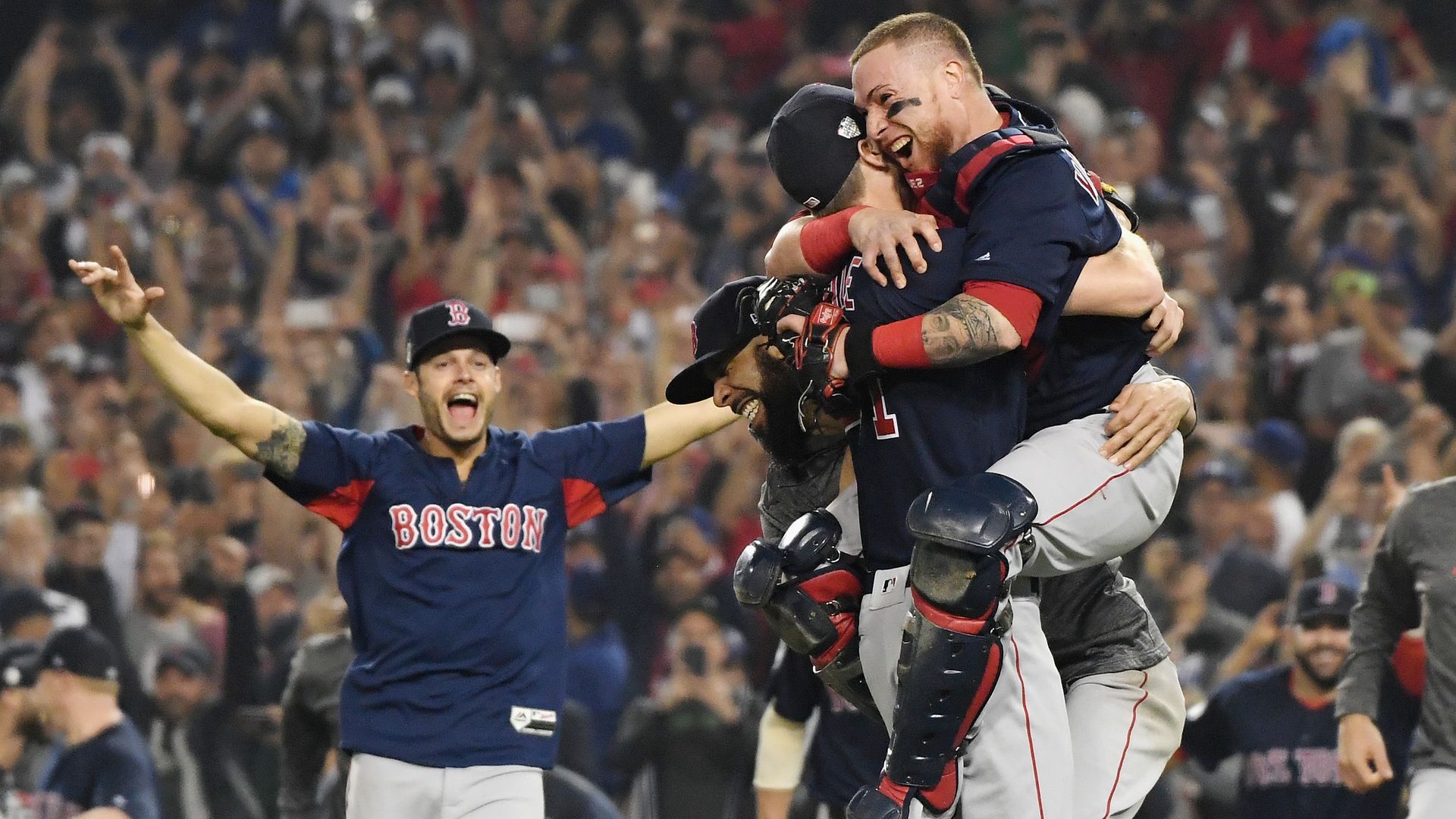 Red Sox players after winning the World Series