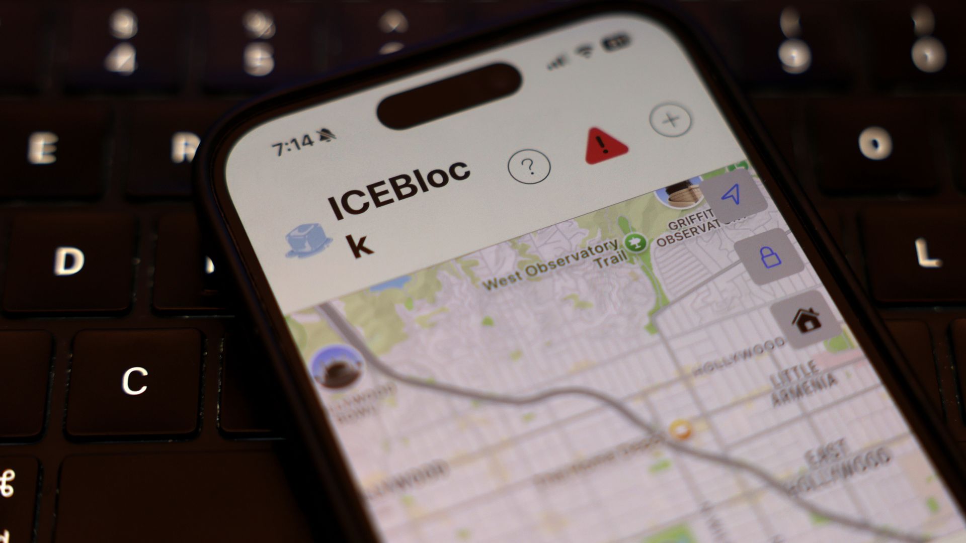An iPhone showing the ICEBlock app on its screen, photographed on Oct. 2, 2025, in Los Angeles.