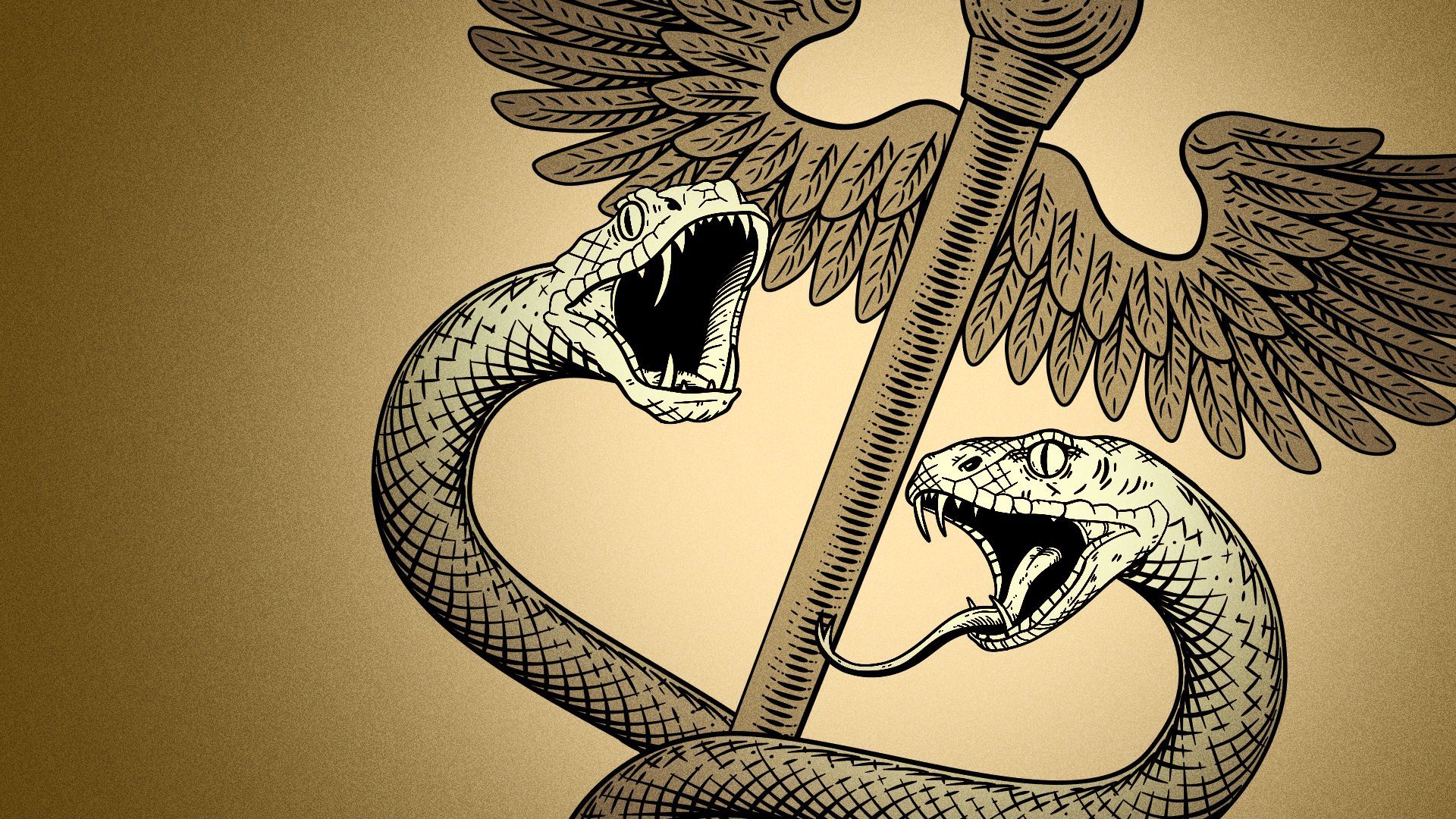 Illustration of the two snakes around a caduceus hissing. 