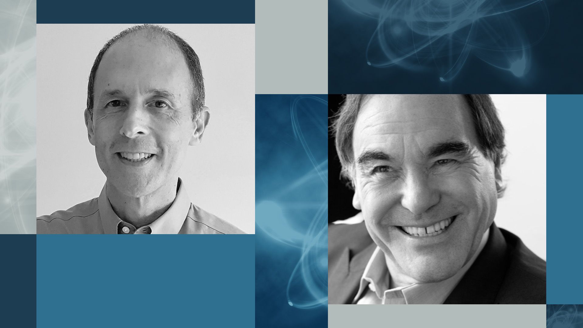 photos of Oliver Stone and Joshua Goldstein surrounded by rectangles and cutout photos of atoms