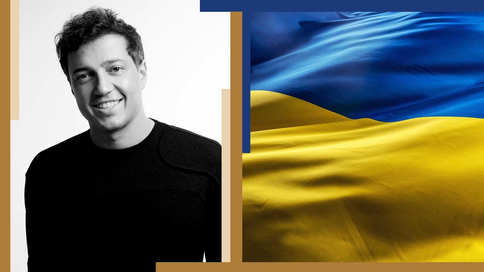 Photo illustration of Vlad Pachenko next to an image of the Ukrainian flag.