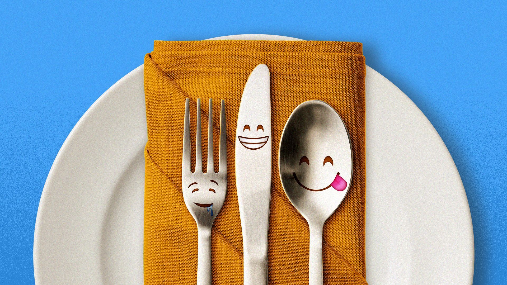 Illustration of utensils with hungry emojis on them.