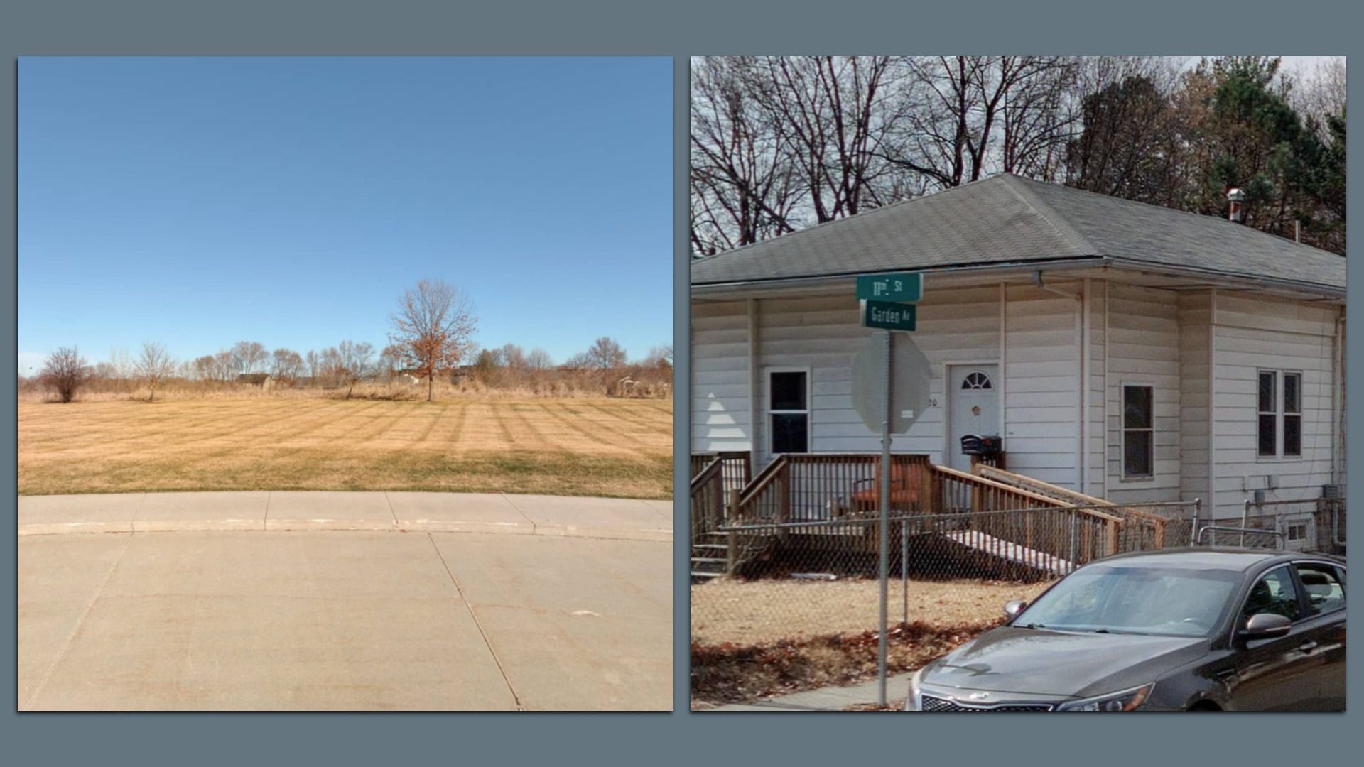 A photo of open land and a photo of a house.