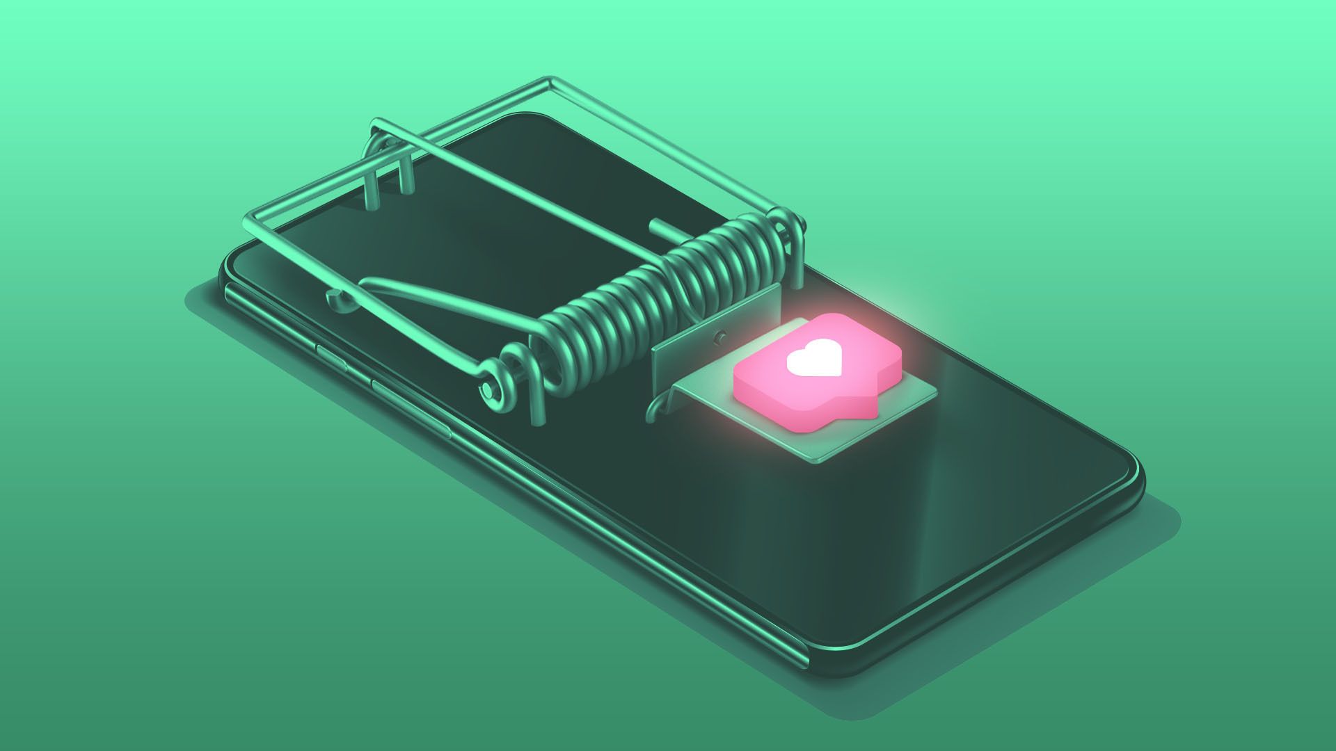A mouse trap placed on a smartphone screen, with a pink social media like icon featuring a white heart as bait, symbolizing the trap of social media addiction.