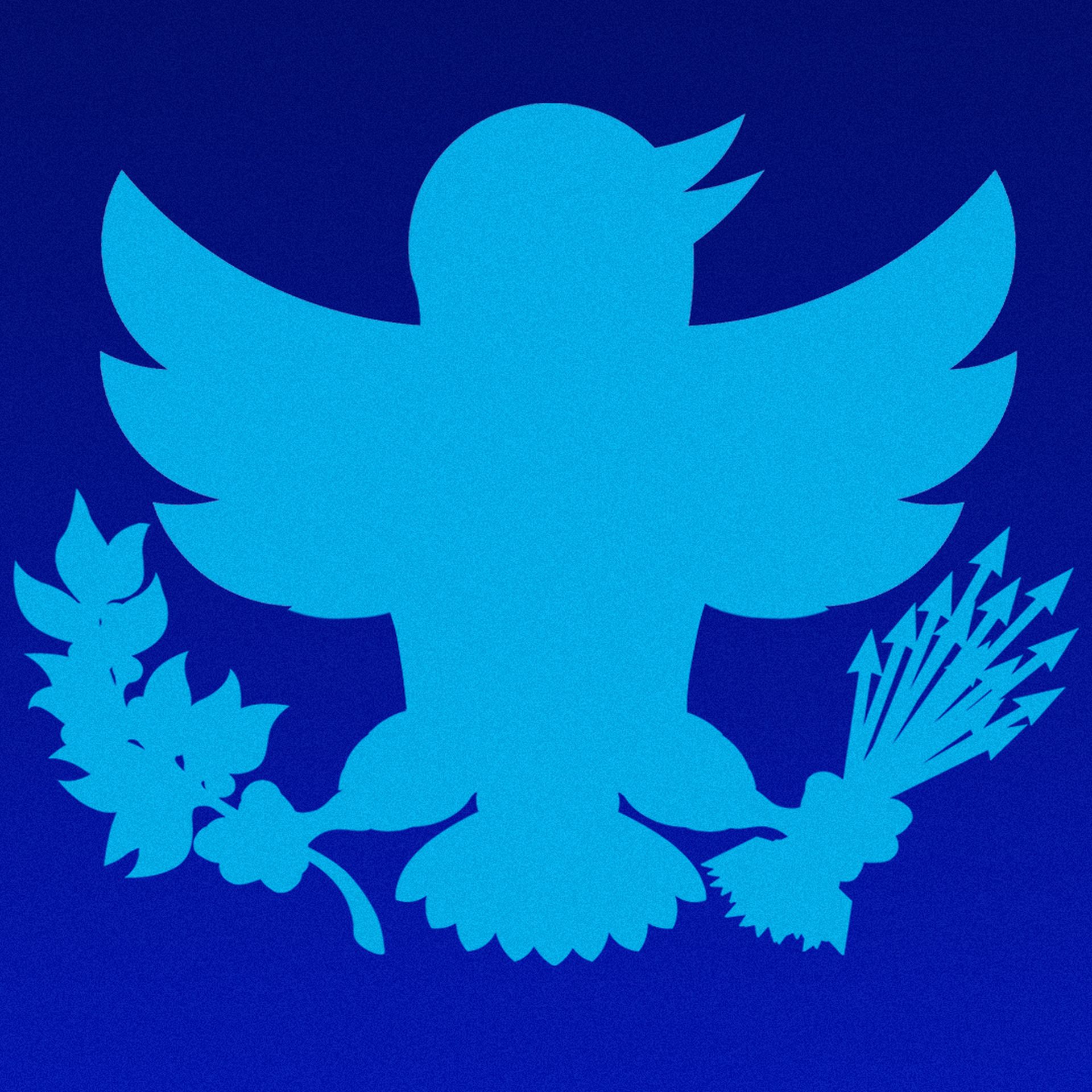 Illustration of the twitter logo modified to look like a a U.S. eagle with an olive branch and arrows