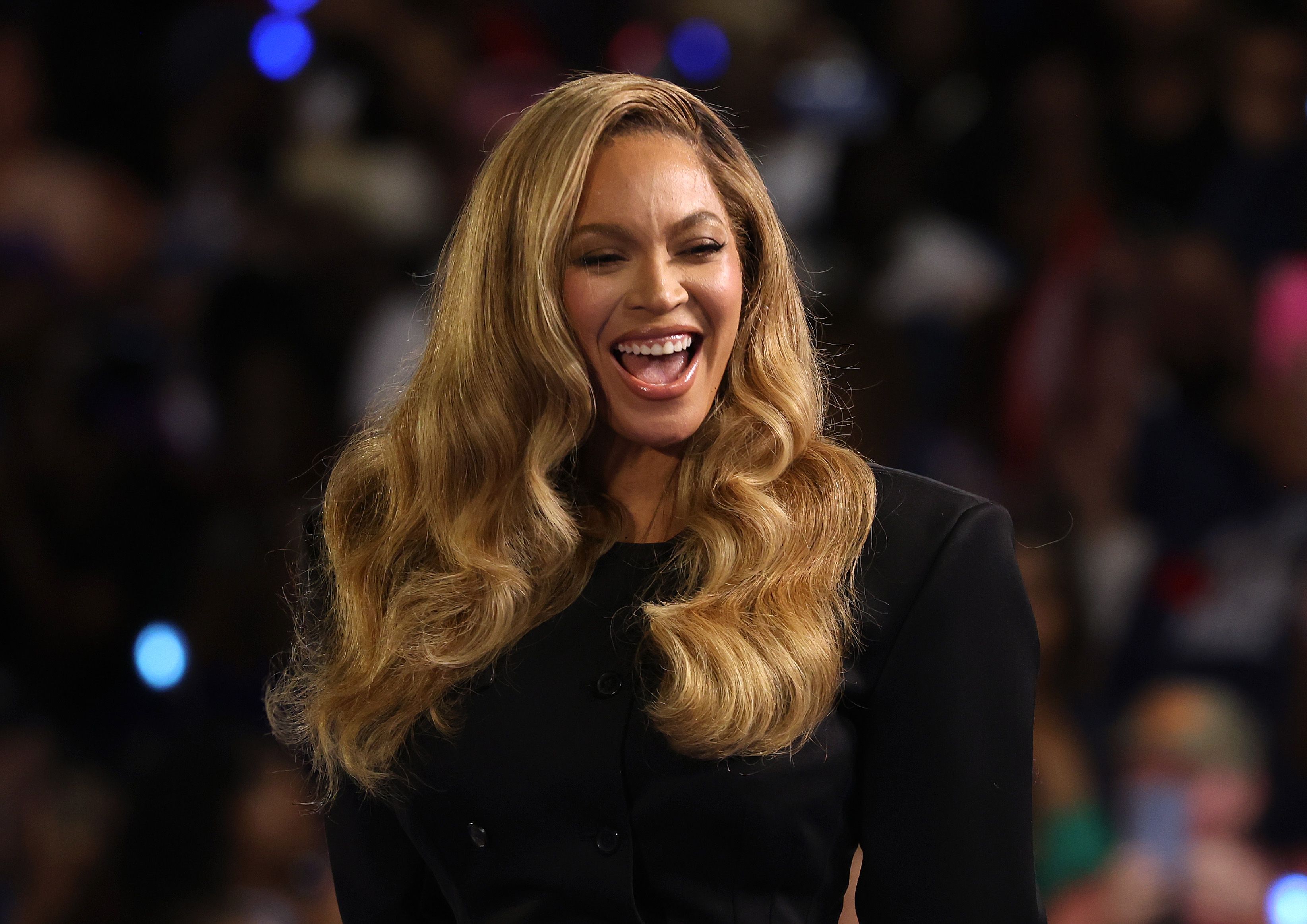 HOUSTON, TEXAS - OCTOBER 25: Beyoncé looks on during a campaign rally with Democratic presidential nominee, U.S. Vice President Kamala Harris, at Shell Energy Stadium on October 25, 2024 in Houston, Texas. Vice President Kamala Harris is campaigning in Texas holding a rally supporting reproductive r